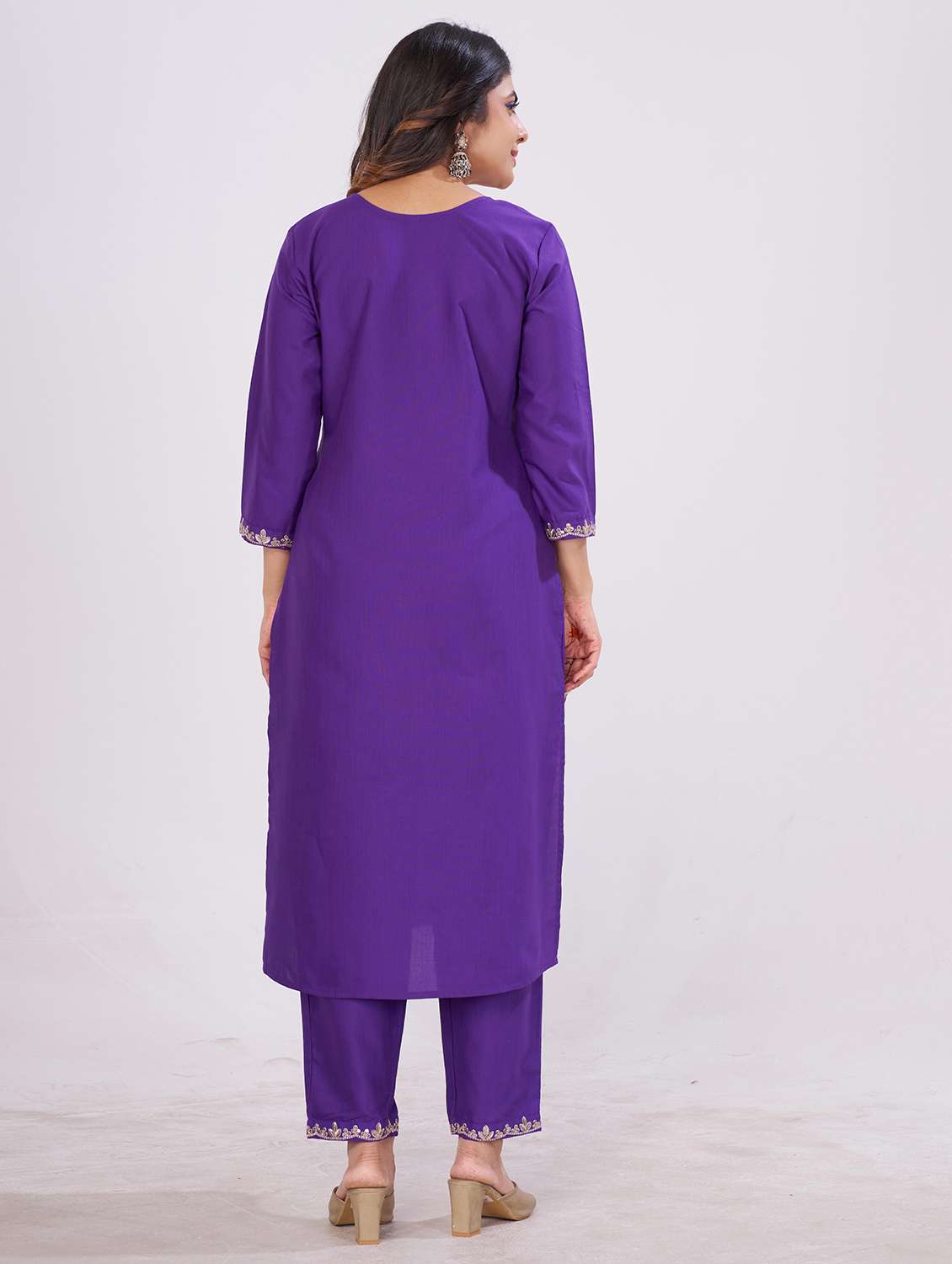 women solid with work three quarter sleeve kurta pant with dupatta set - 22501894 -  Standard Image - 3