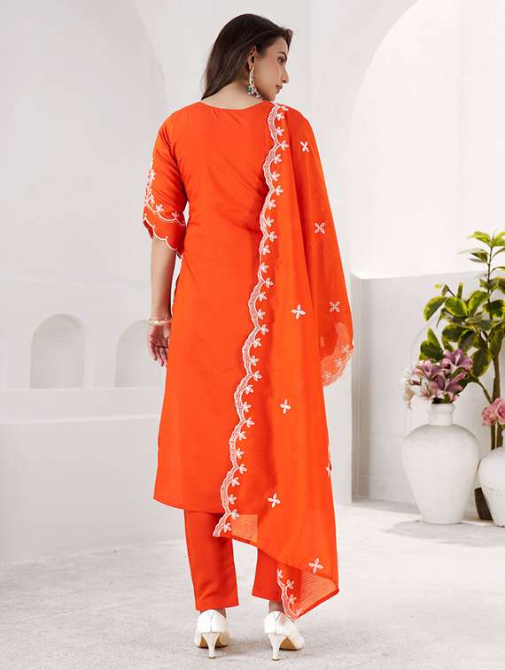 women solid with work three quarter sleeve kurta pant with dupatta set - 22501896 -  Standard Image - 3