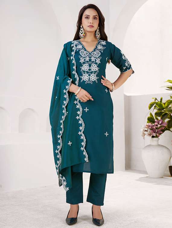 women solid with work three quarter sleeve kurta pant with dupatta set