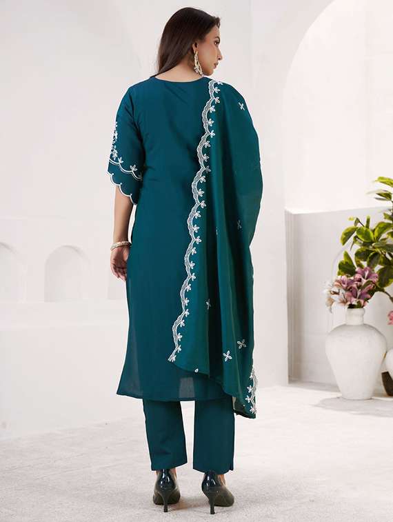 women solid with work three quarter sleeve kurta pant with dupatta set - 22501897 -  Standard Image - 3