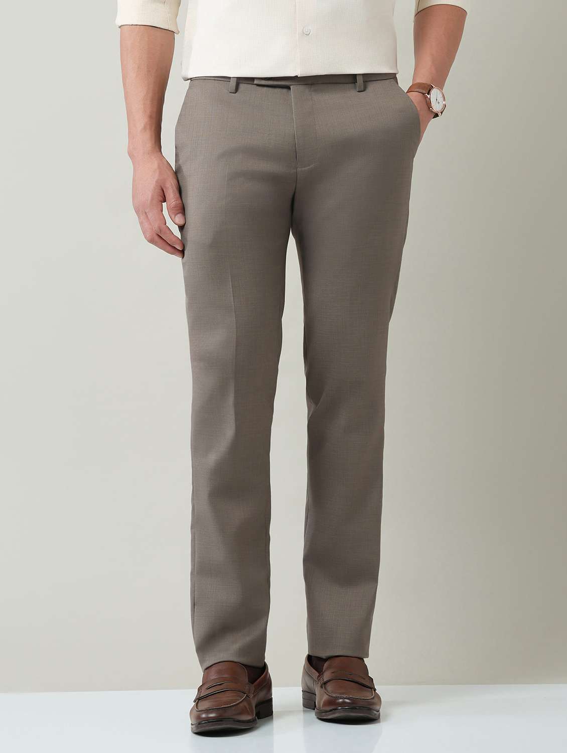 men solid mid rise flat front trousers formal trouser