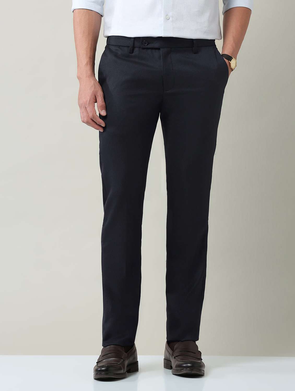 men solid mid rise flat front trousers formal trouser
