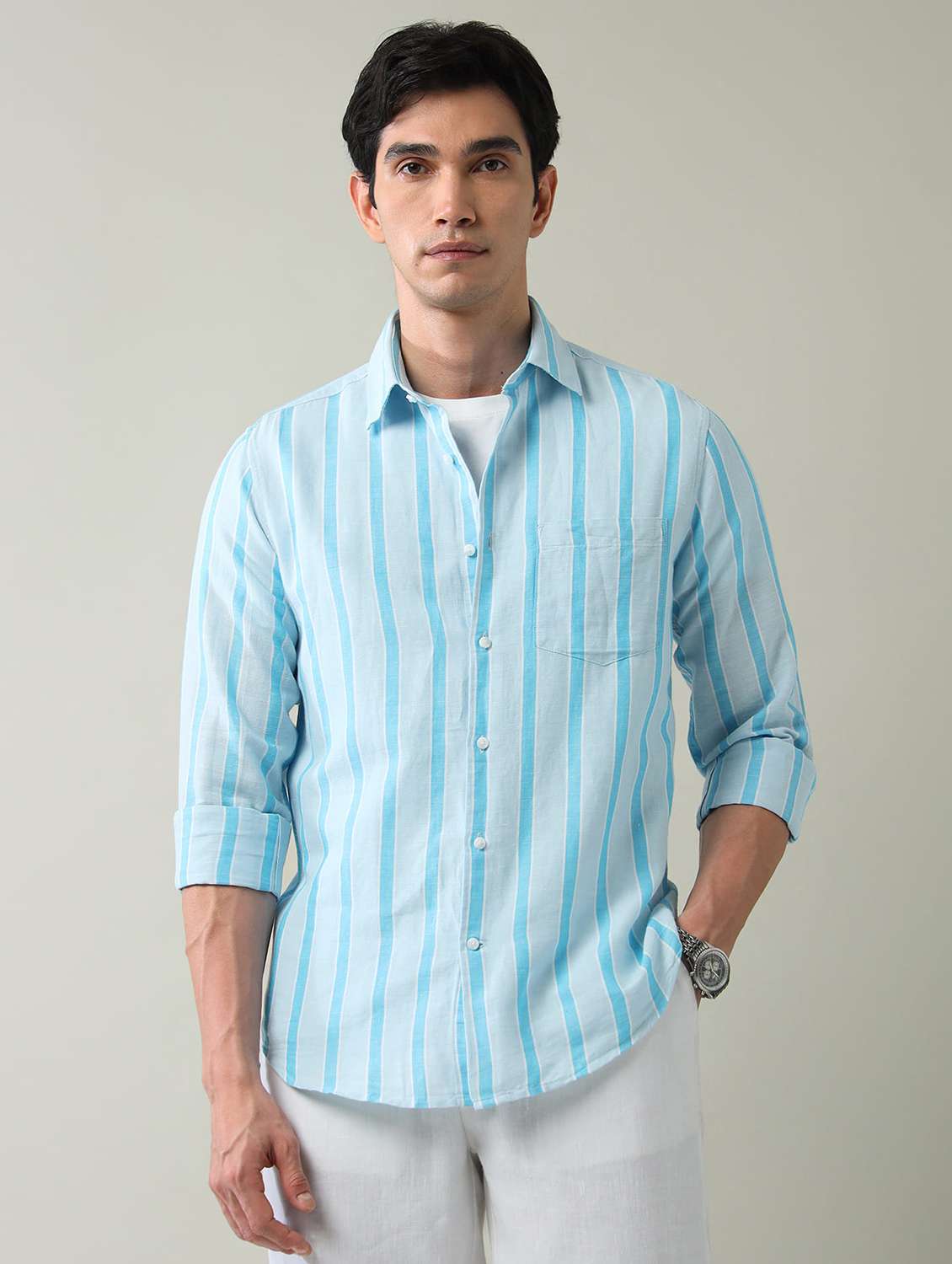 men striped long sleeve slim fit casual shirt