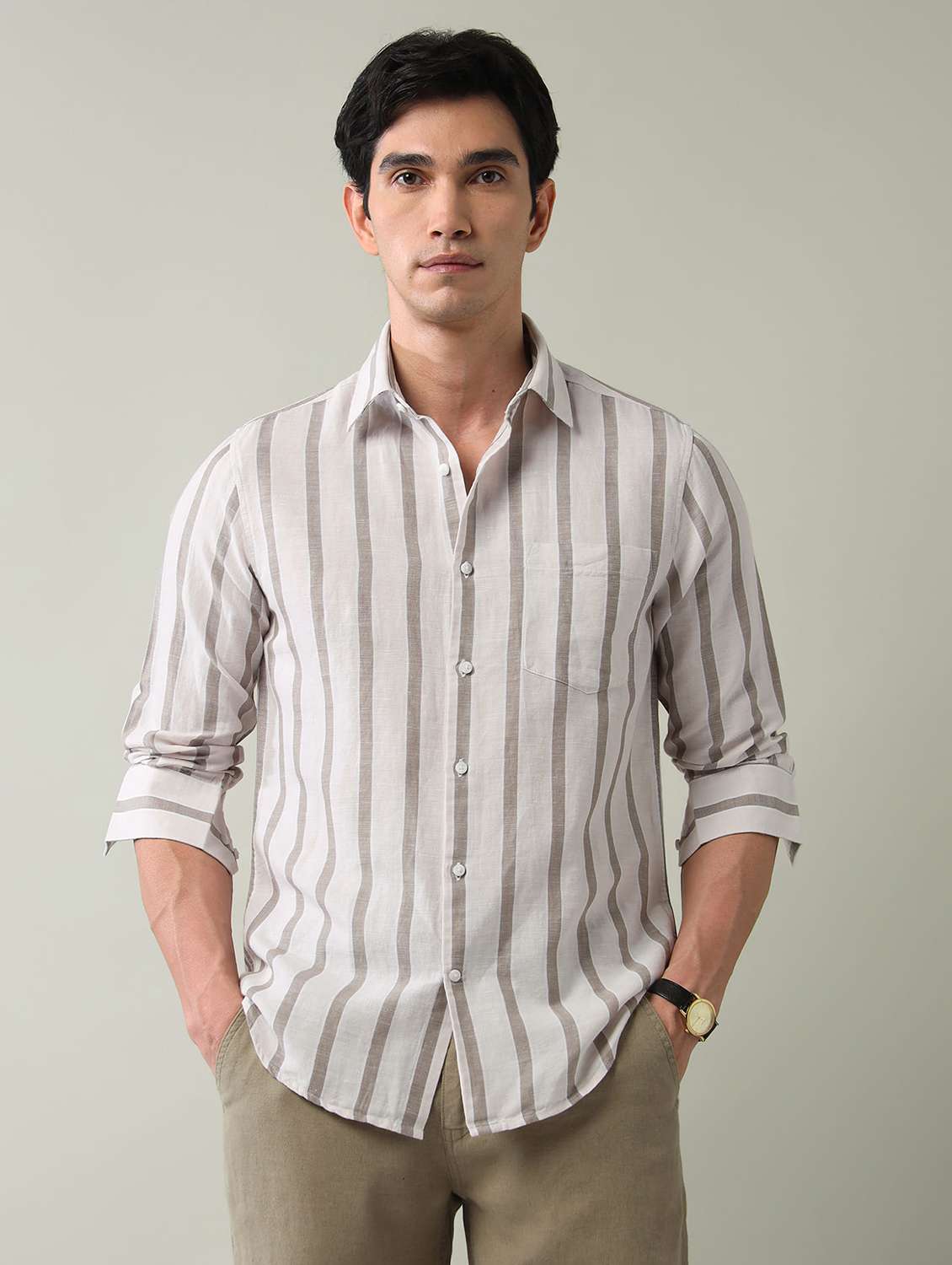 men striped long sleeve slim fit casual shirt