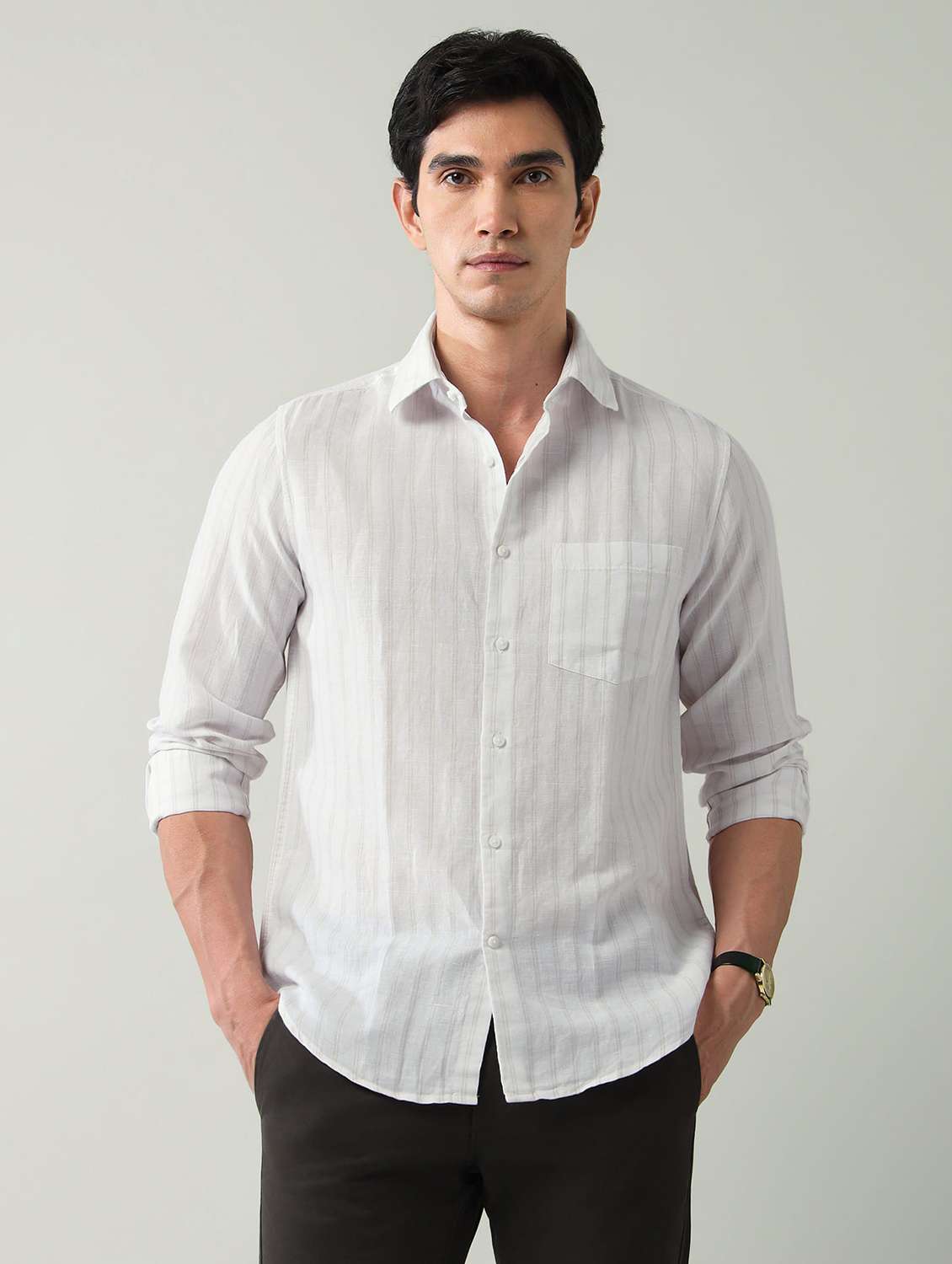 men striped long sleeve slim fit casual shirt