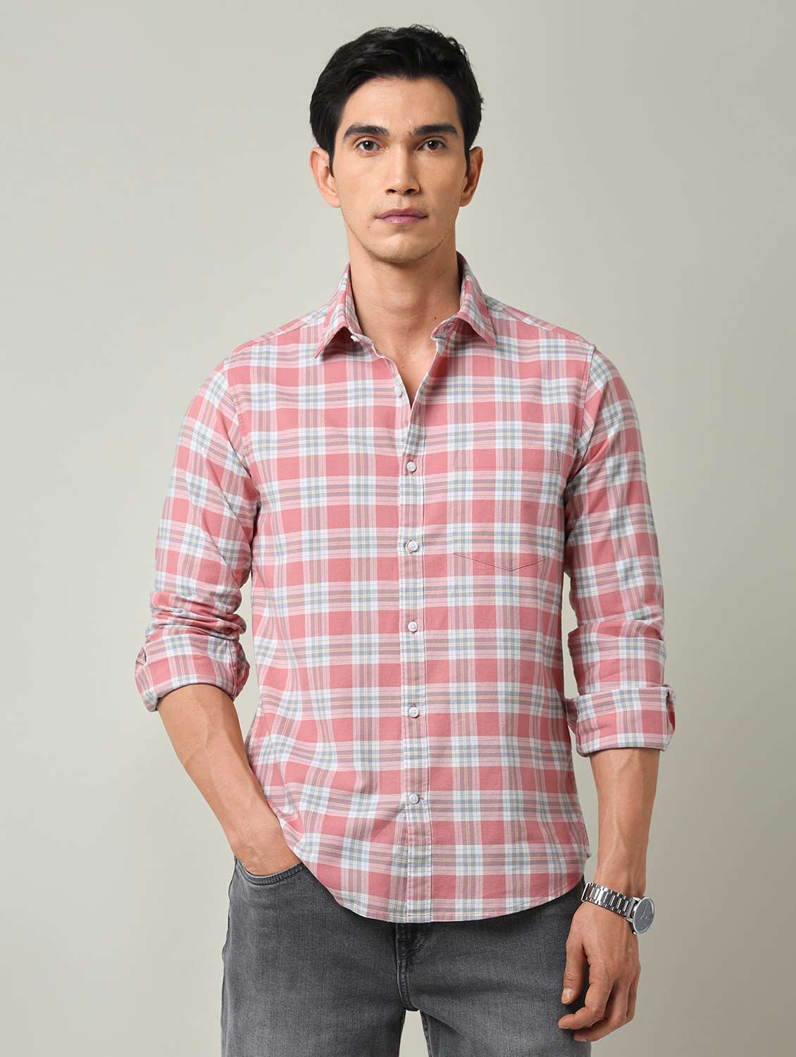 men checkered long sleeve slim fit casual shirt