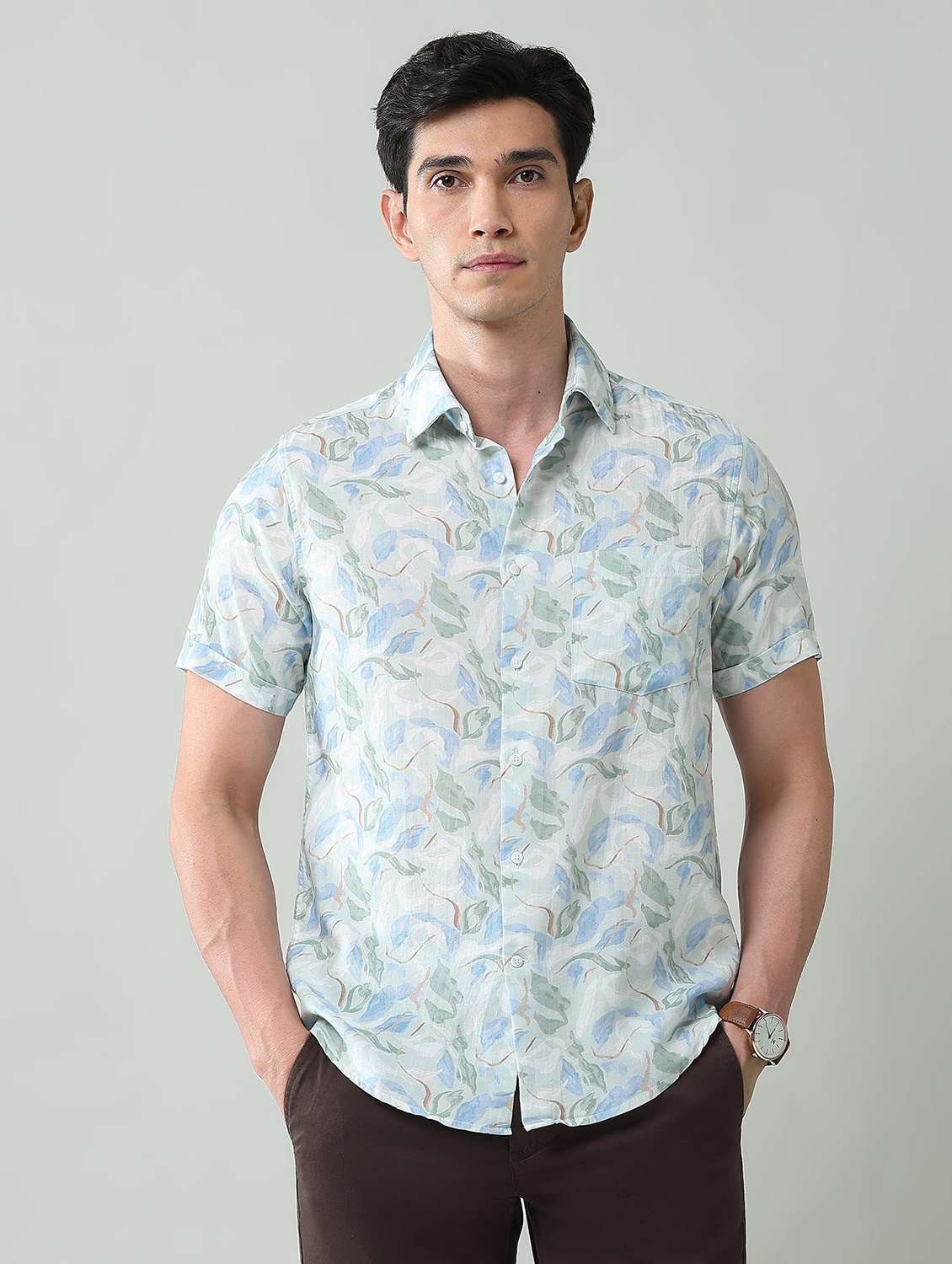 men printed short sleeve slim fit casual shirt