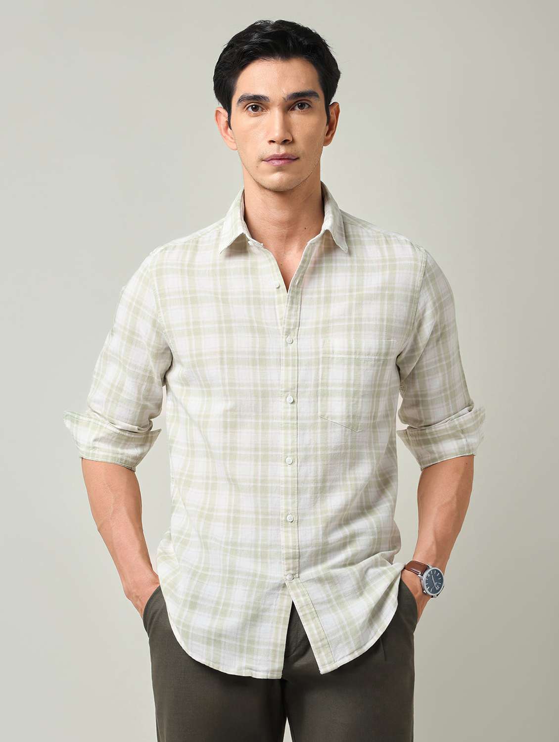 men checkered long sleeve slim fit casual shirt