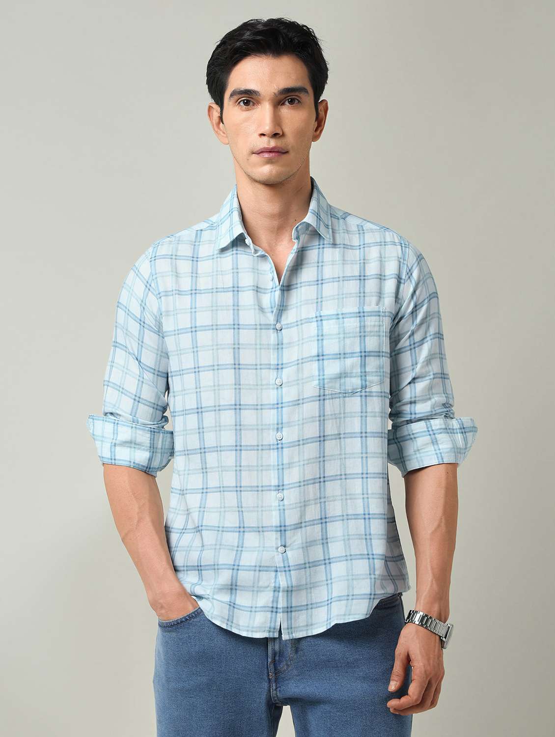 men checkered long sleeve slim fit casual shirt