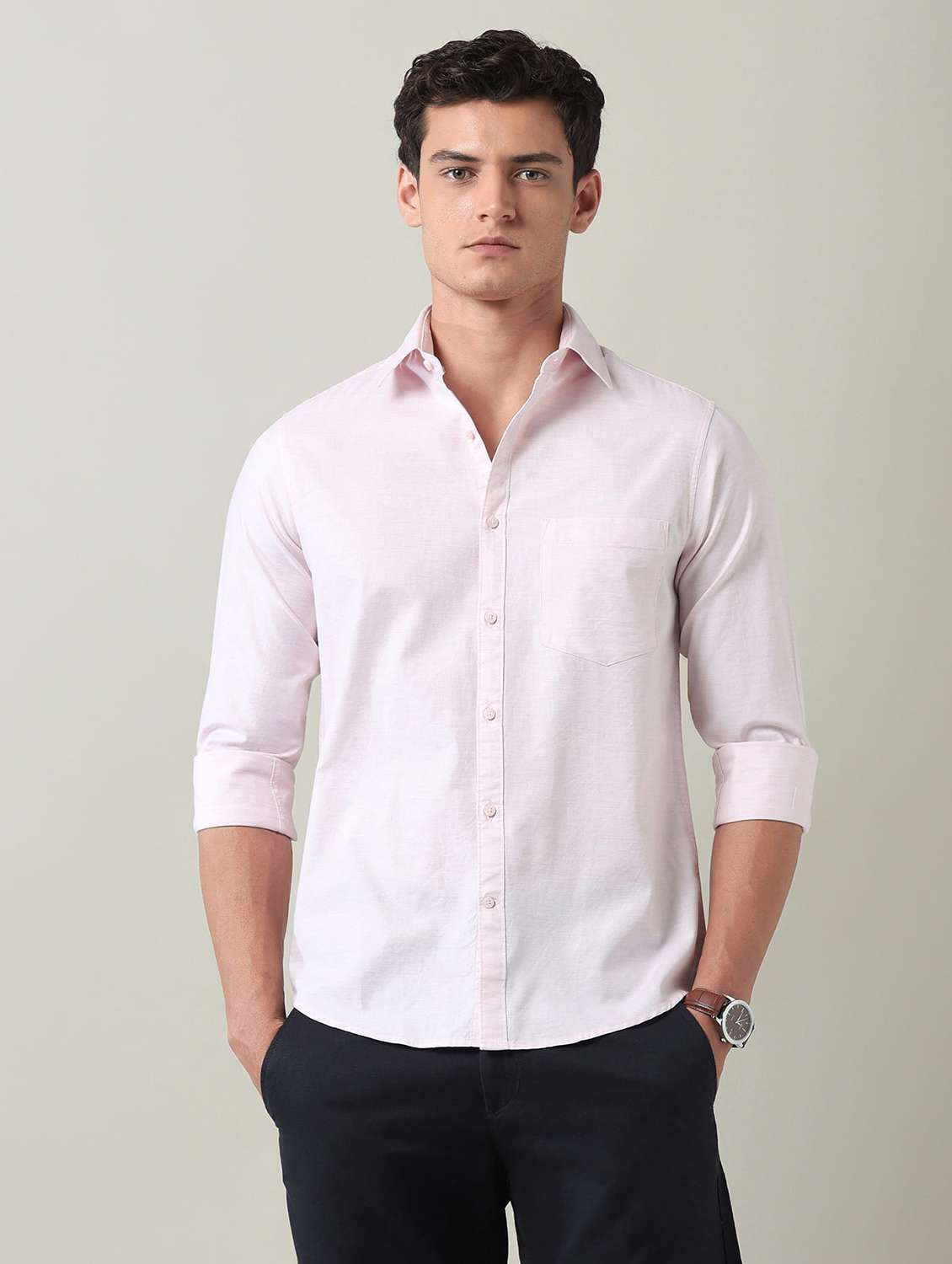 men solid long sleeve slim fit casual shirt