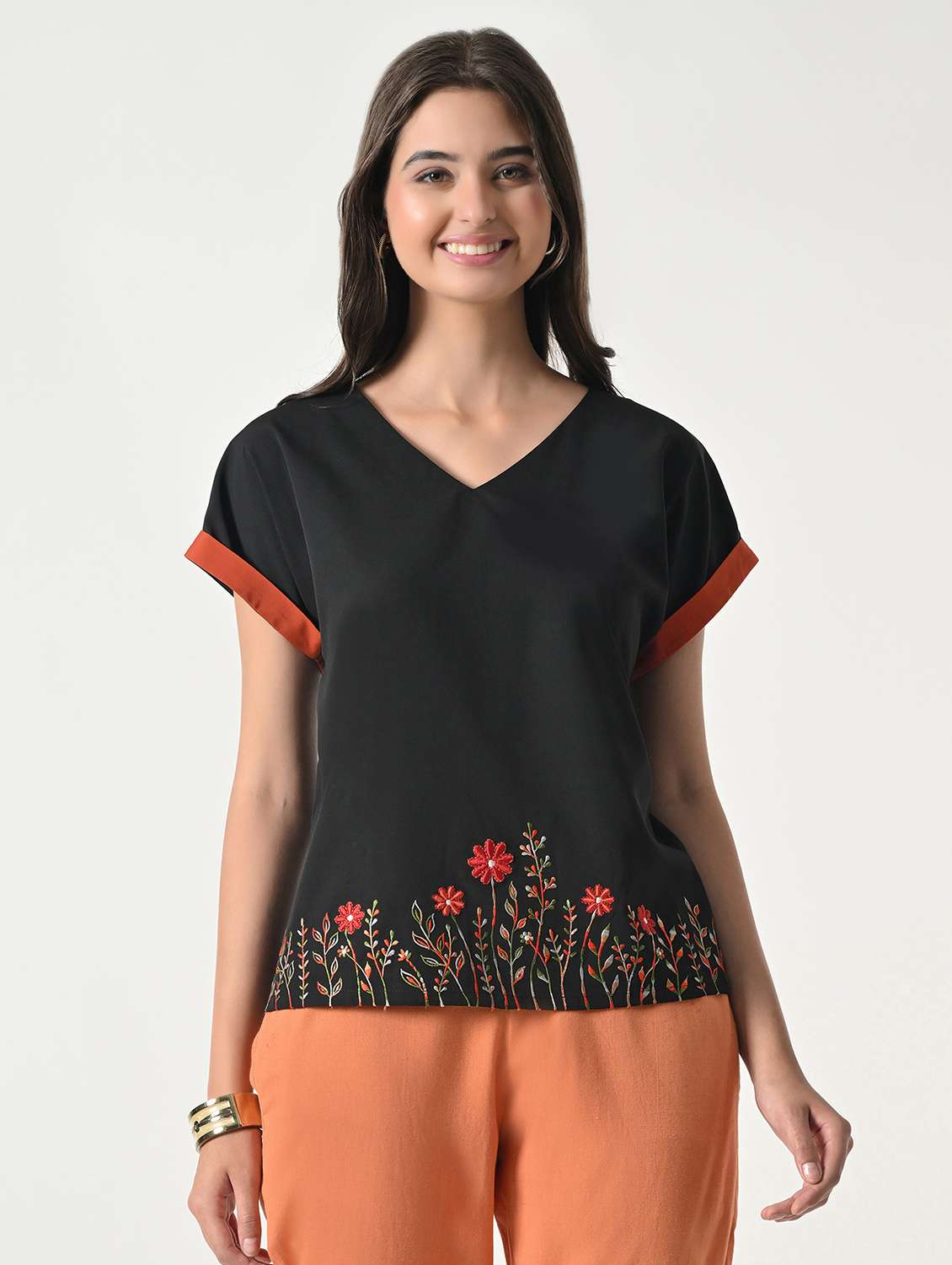 women embroidered v-neck top