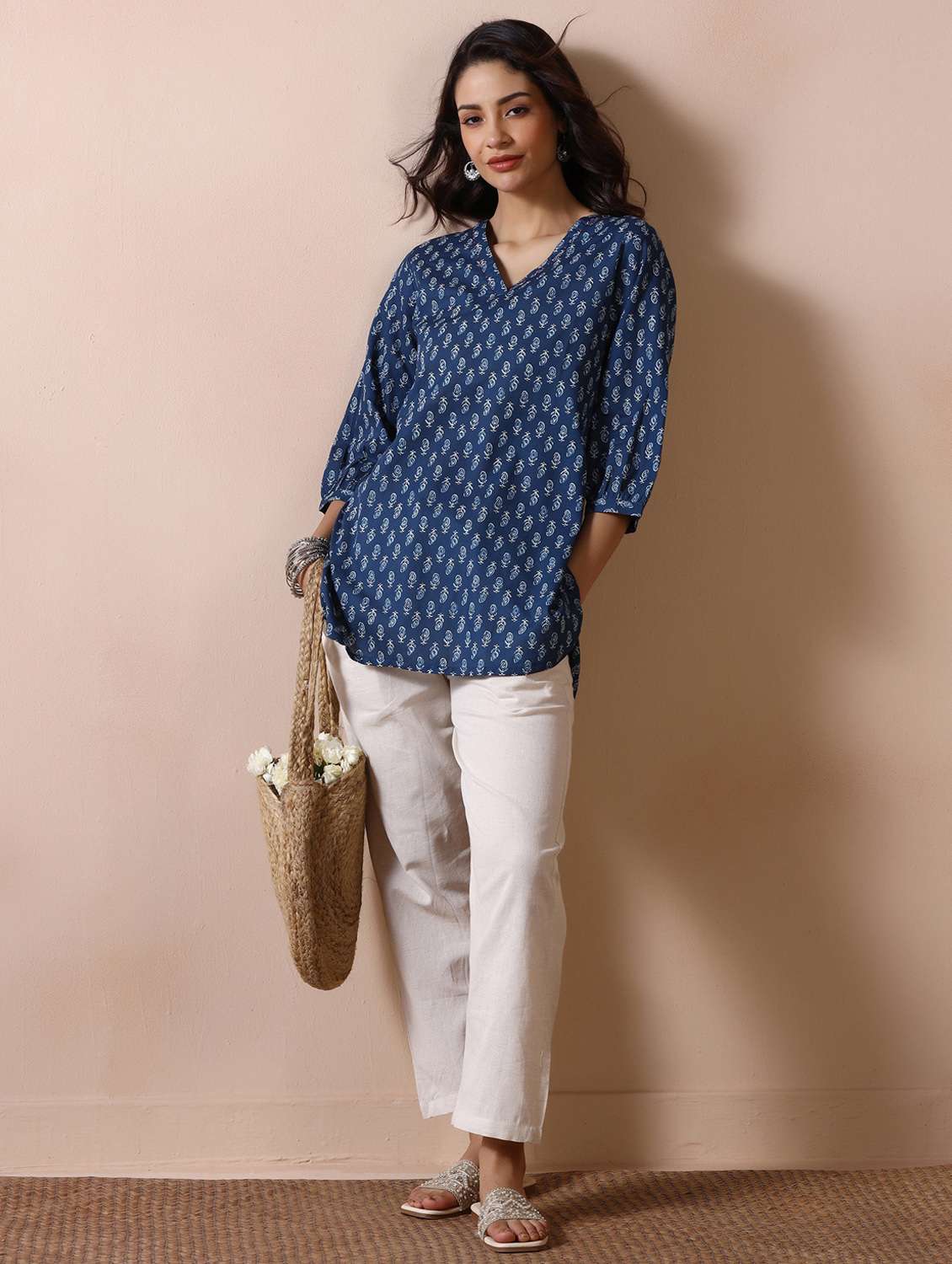 women printed three quarter sleeve straight kurti