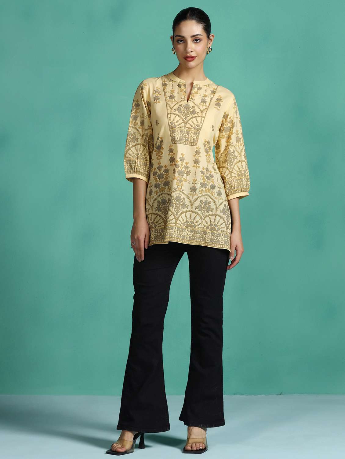 women printed mandarin collar kurti - 22502043 -  Standard Image - 5
