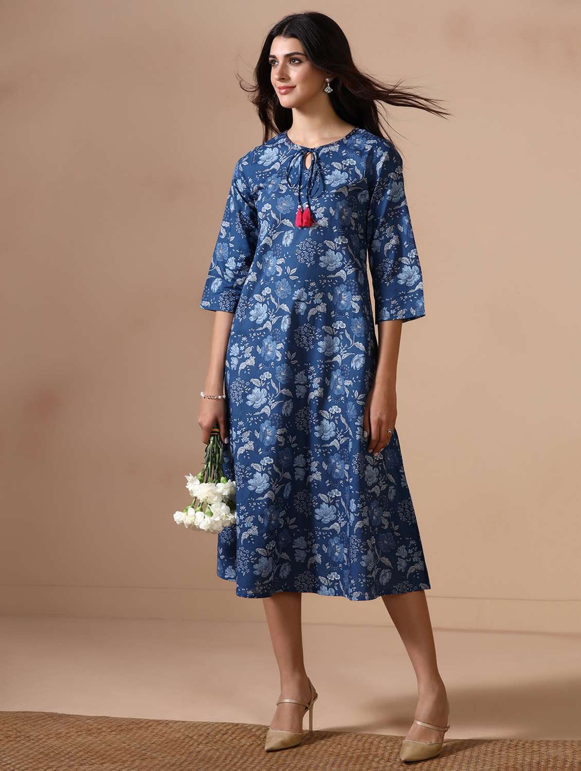 women floral three quarter sleeve a-line ethnic dress