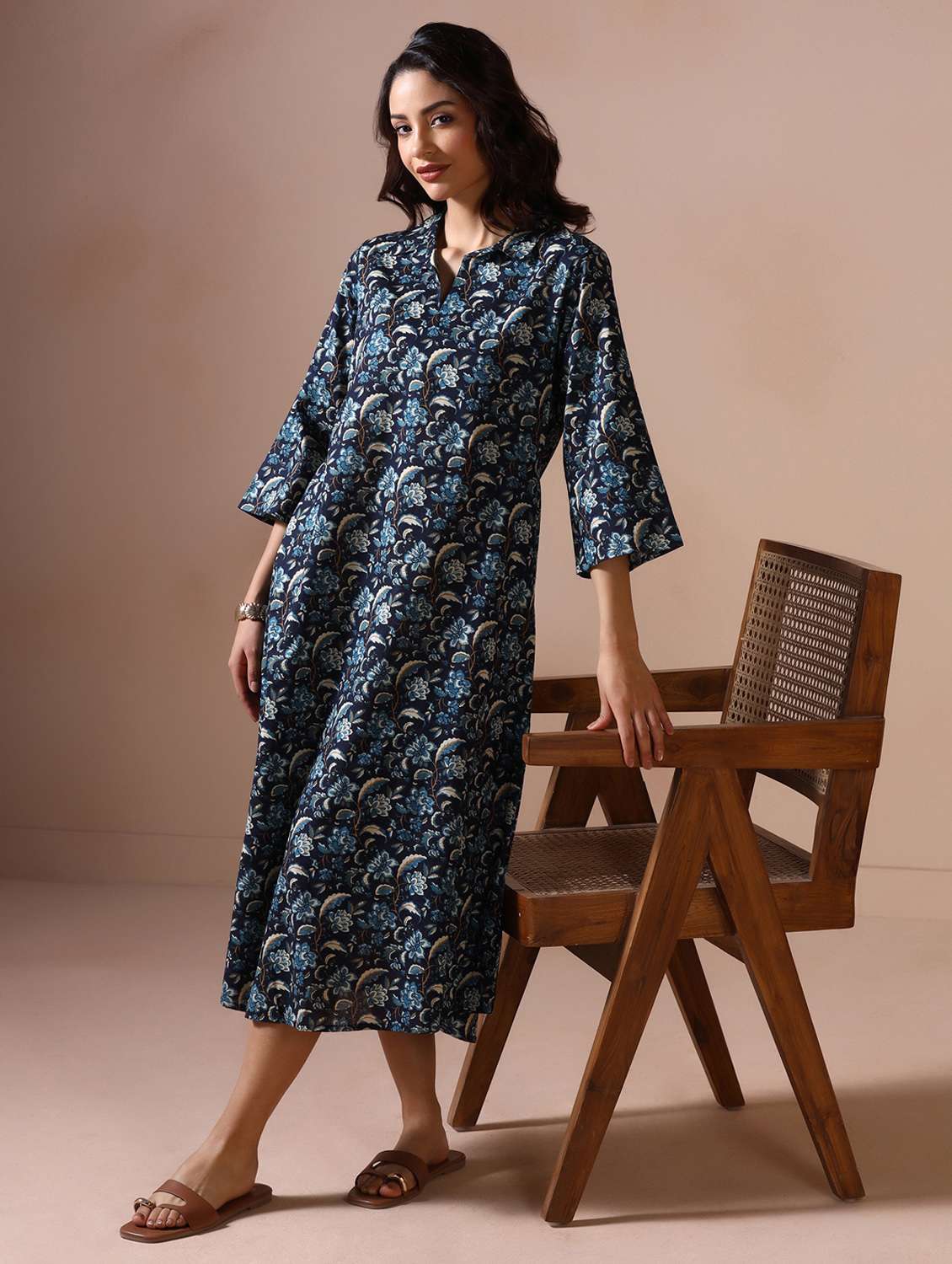 women floral three quarter sleeve a-line ethnic dress