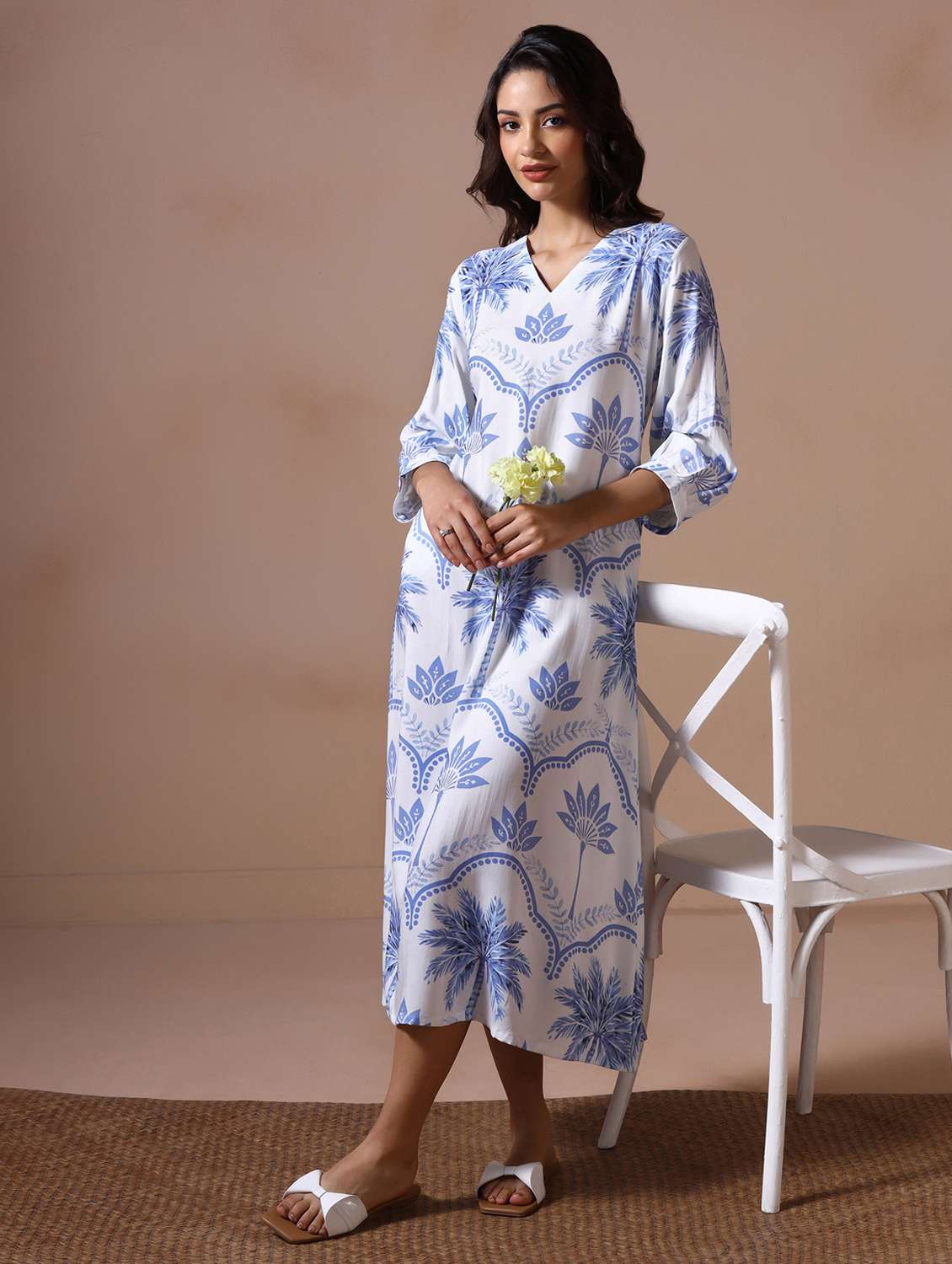 women printed three quarter sleeve a-line ethnic dress