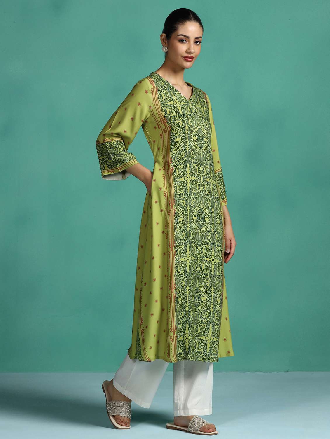 women printed three quarter sleeve a-line kurta - 22502050 -  Standard Image - 3