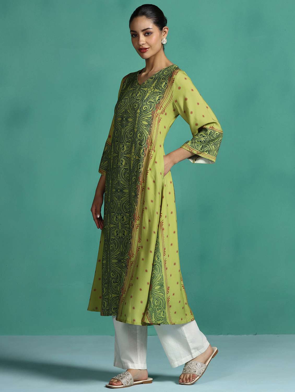 women printed three quarter sleeve a-line kurta - 22502050 -  Standard Image - 5