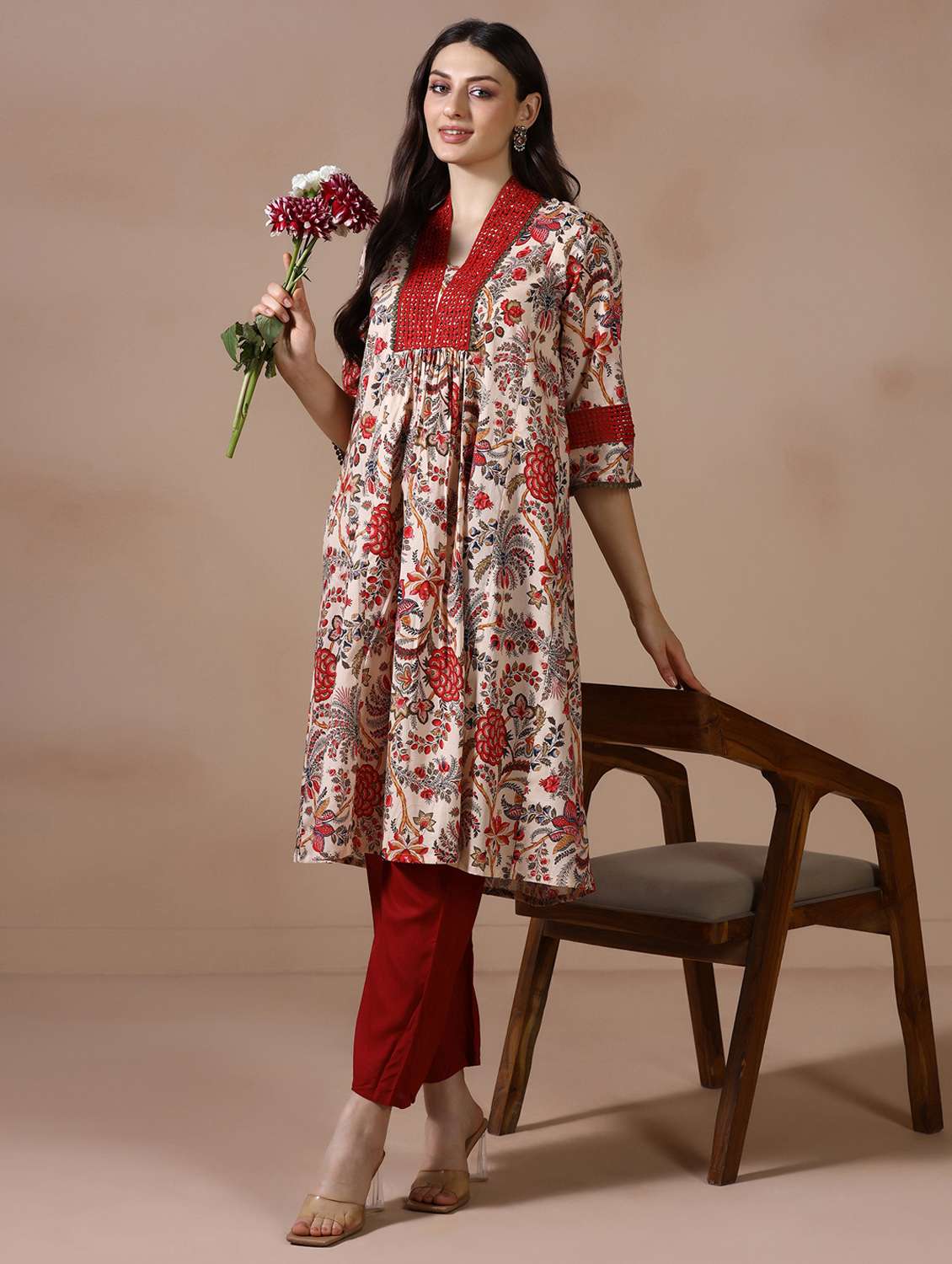 women printed three quarter sleeve a-line kurta