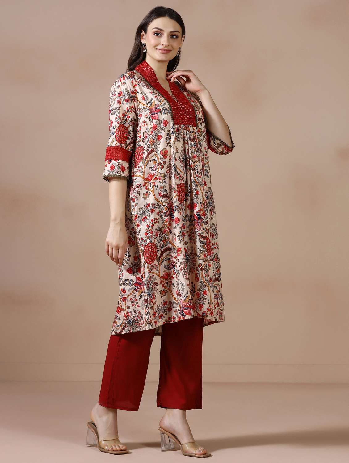 women printed three quarter sleeve a-line kurta - 22502053 -  Standard Image - 3