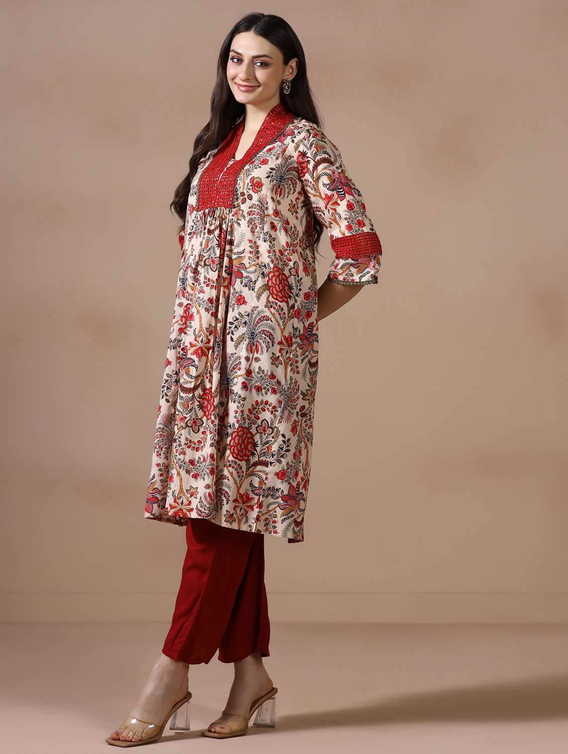women printed three quarter sleeve a-line kurta - 22502053 -  Standard Image - 5