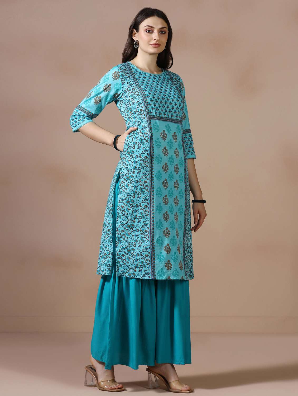 women printed three quarter sleeve straight kurta - 22502054 -  Standard Image - 3