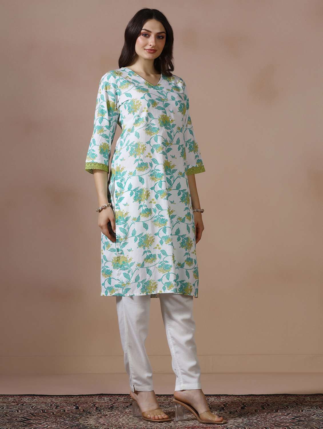 women floral printed three quarter sleeve straight kurta - 22502060 -  Standard Image - 3