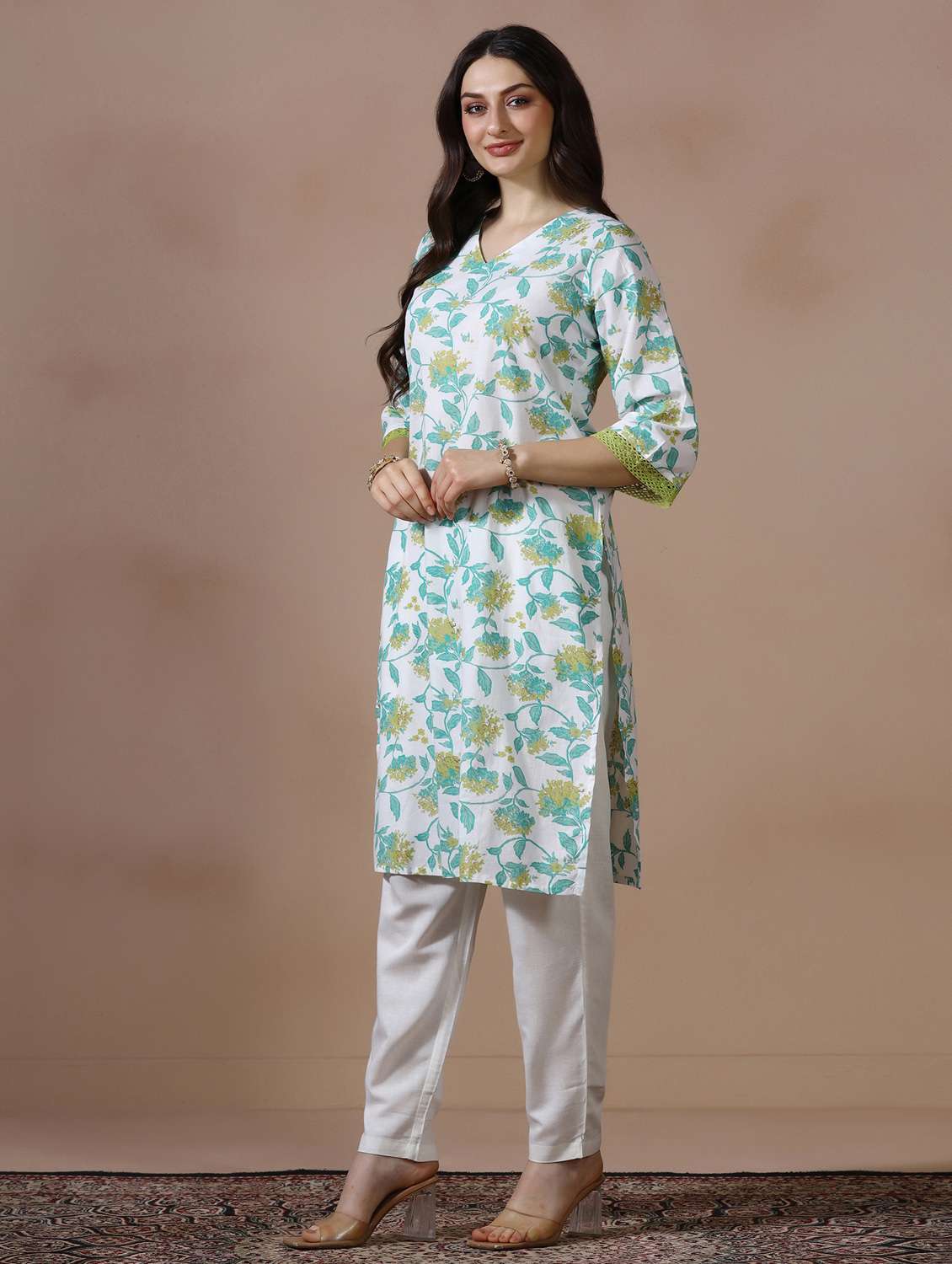 women floral printed three quarter sleeve straight kurta - 22502060 -  Standard Image - 5