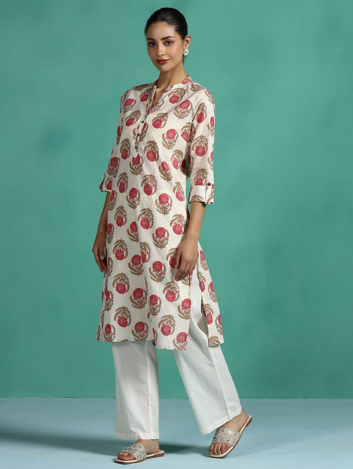 women floral printed three quarter sleeve straight kurta - 22502061 -  Standard Image - 5