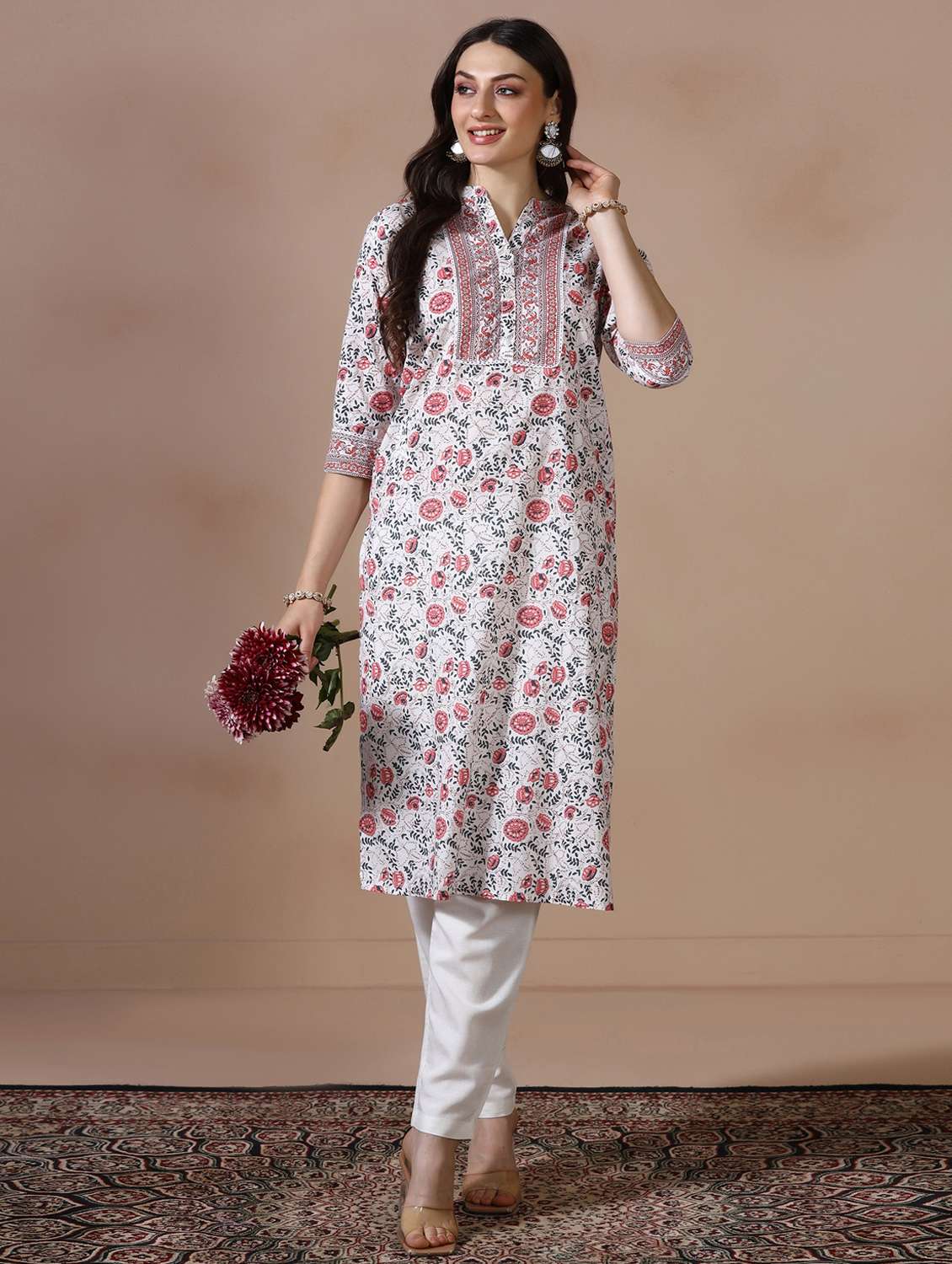 women printed three quarter sleeve straight kurta