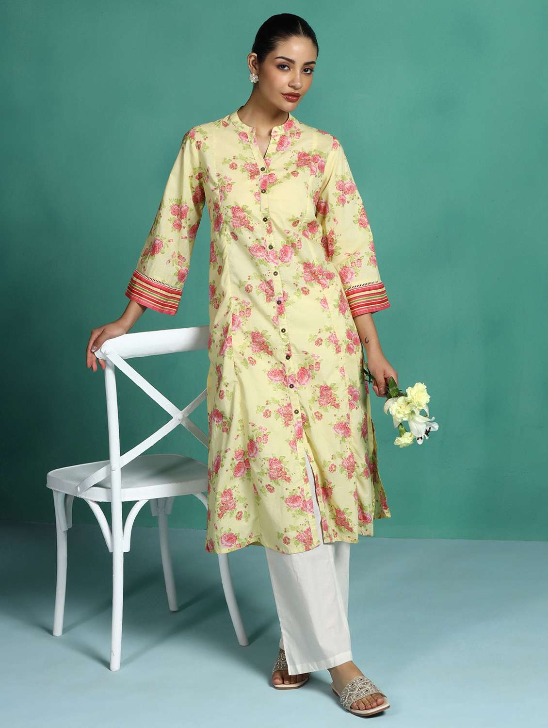 women printed three quarter sleeve a-line kurta