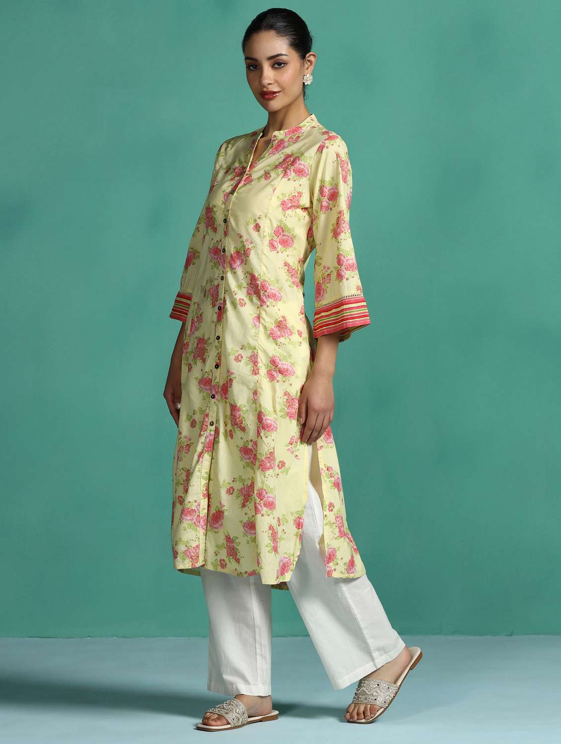 women printed three quarter sleeve a-line kurta - 22502065 -  Standard Image - 3