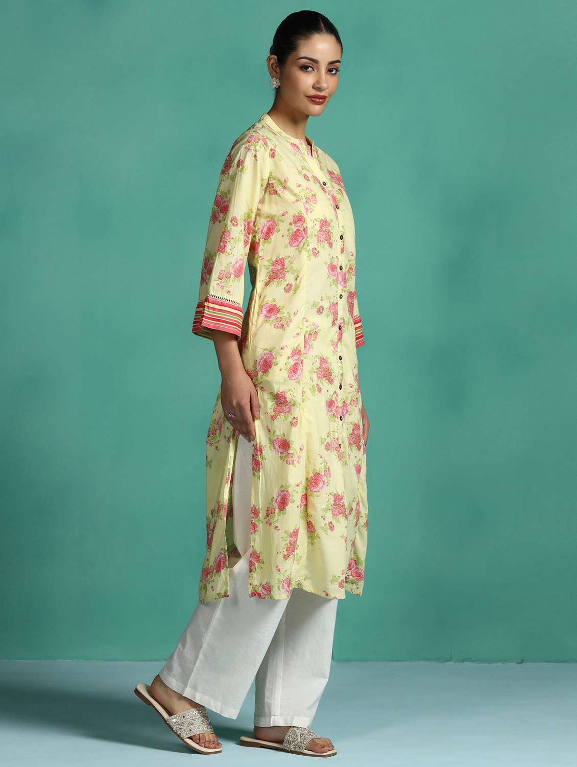 women printed three quarter sleeve a-line kurta - 22502065 -  Standard Image - 5