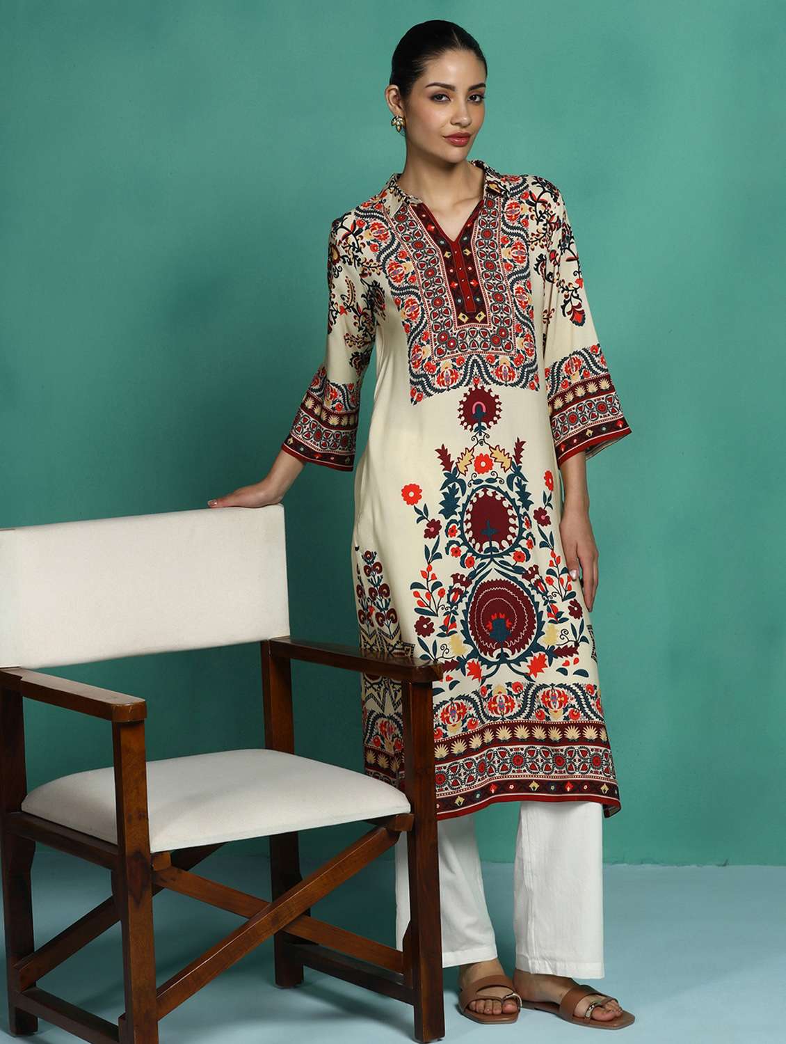 women printed three quarter sleeve a-line kurta
