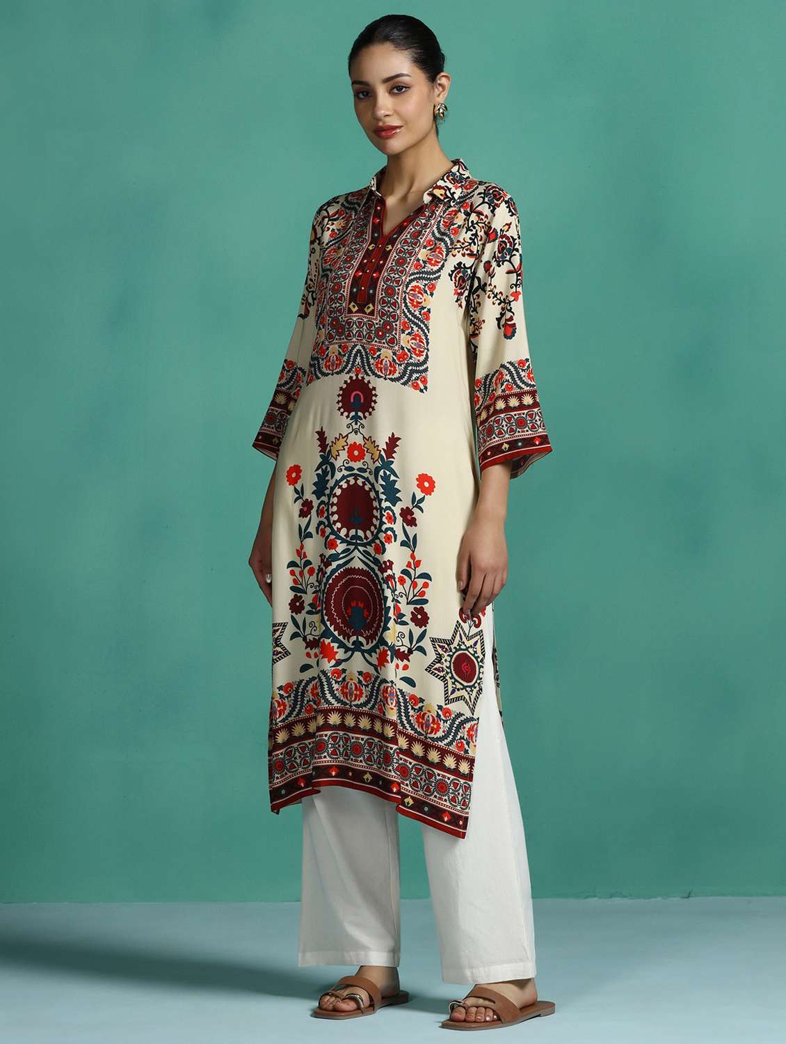 women printed three quarter sleeve a-line kurta - 22502066 -  Standard Image - 3