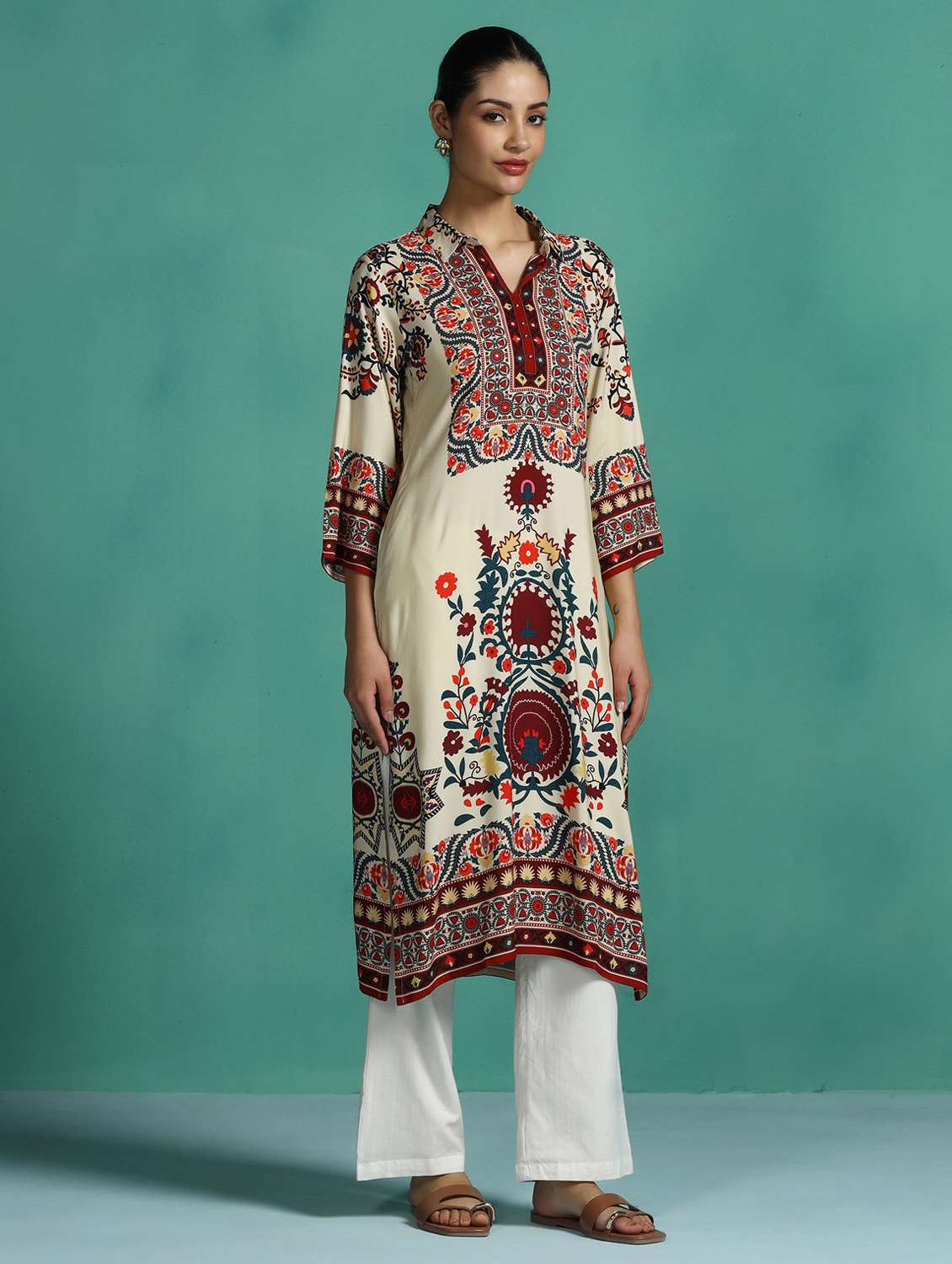 women printed three quarter sleeve a-line kurta - 22502066 -  Standard Image - 5