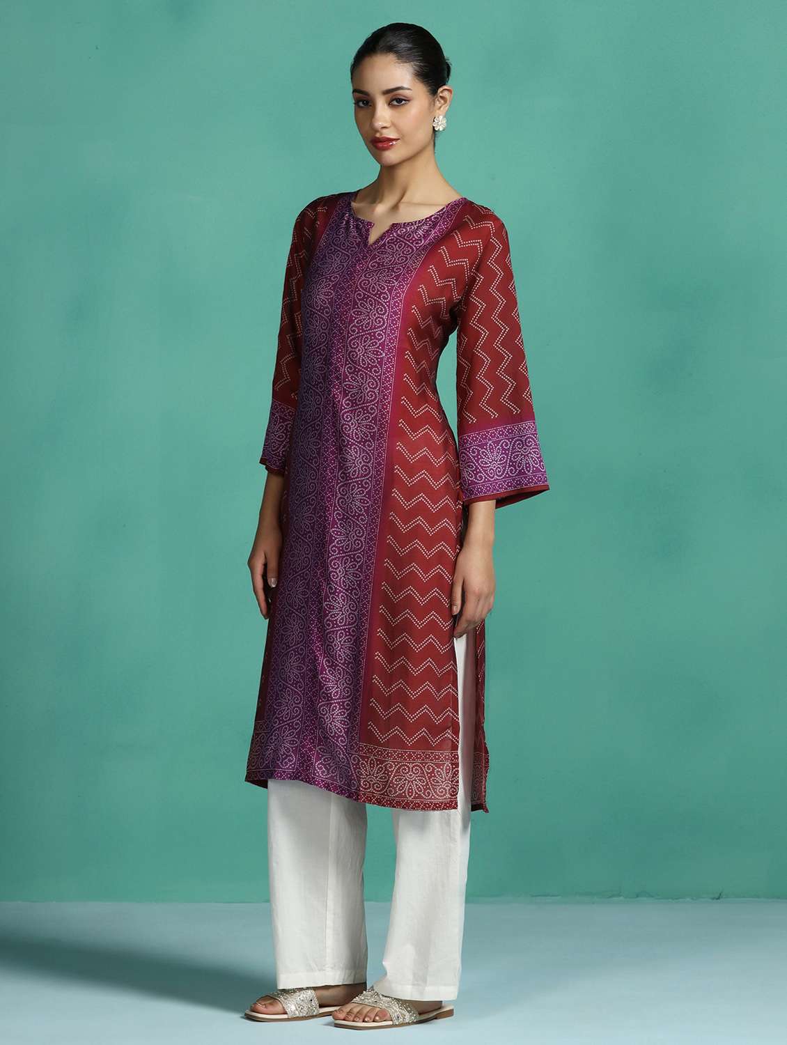 women printed three quarter sleeve a-line kurta - 22502067 -  Standard Image - 3