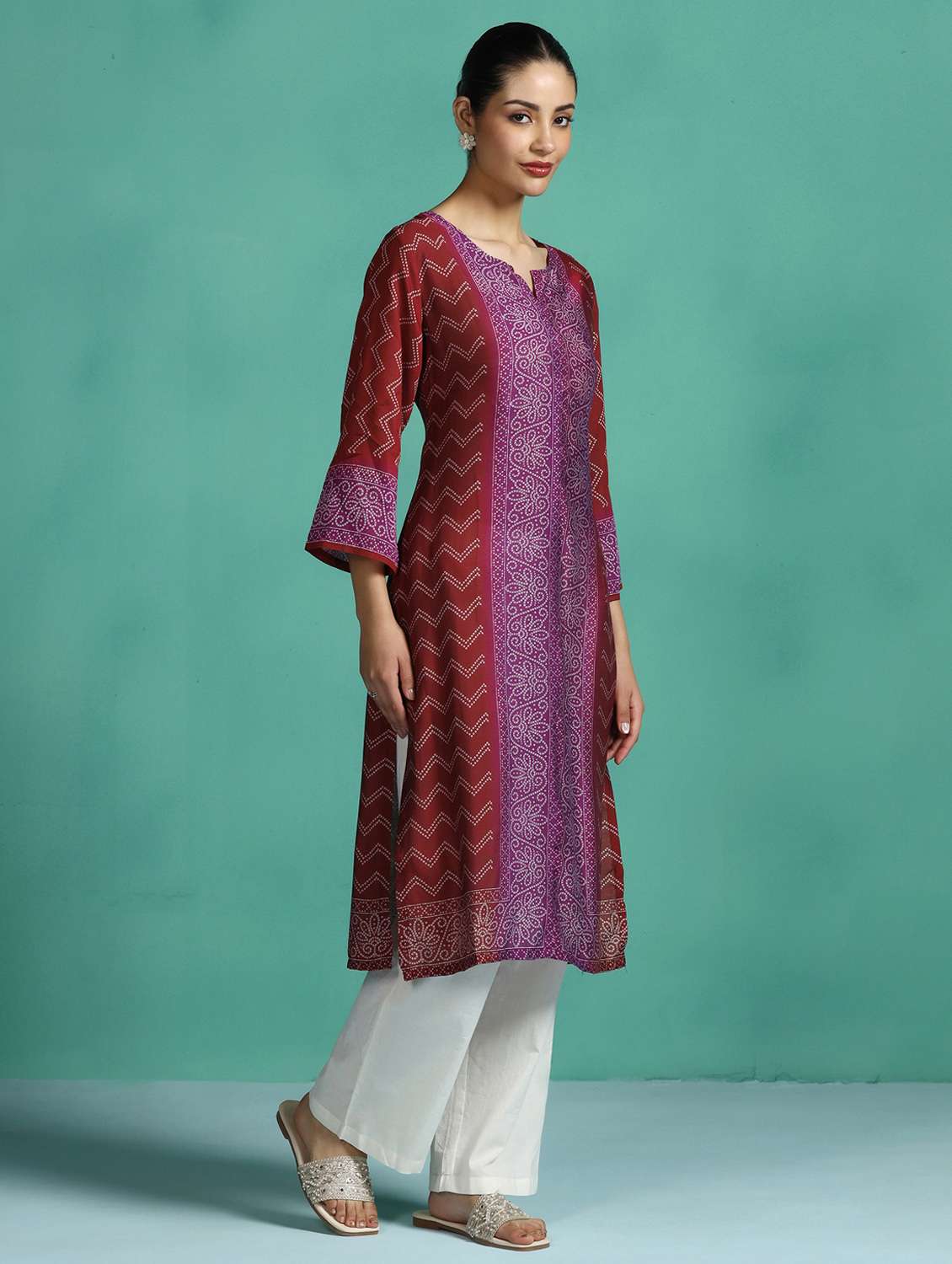 women printed three quarter sleeve a-line kurta - 22502067 -  Standard Image - 5