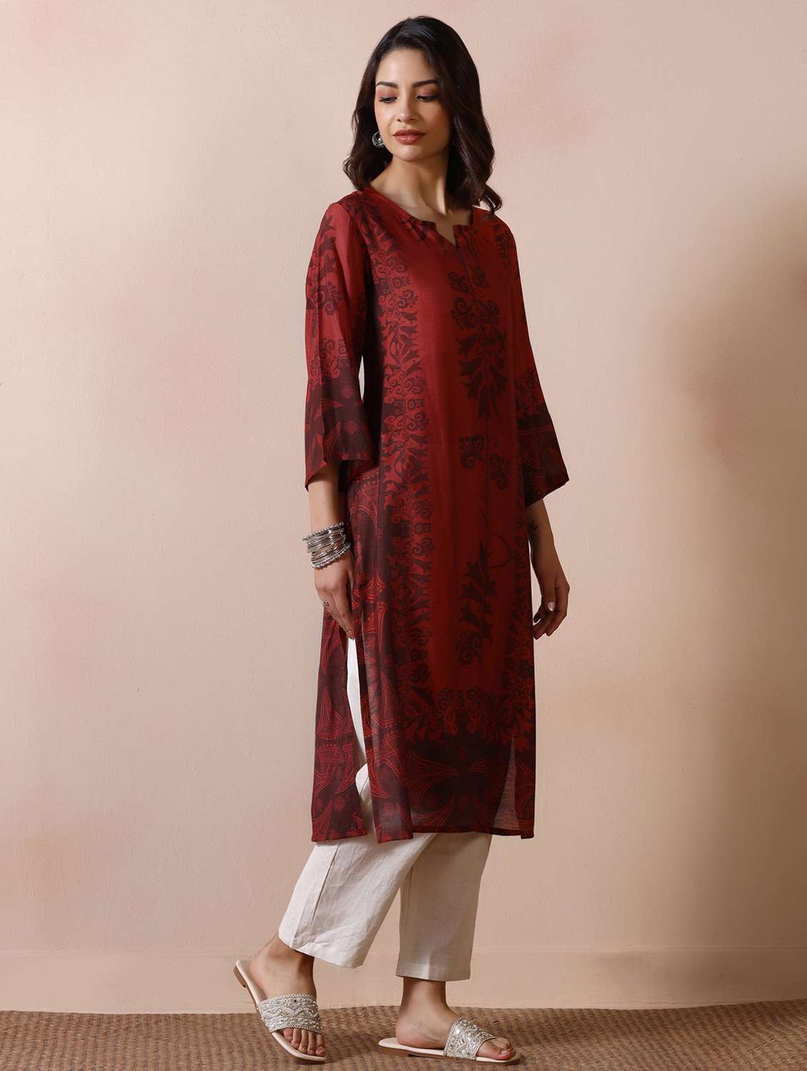 women printed three quarter sleeve straight kurta - 22502068 -  Standard Image - 5