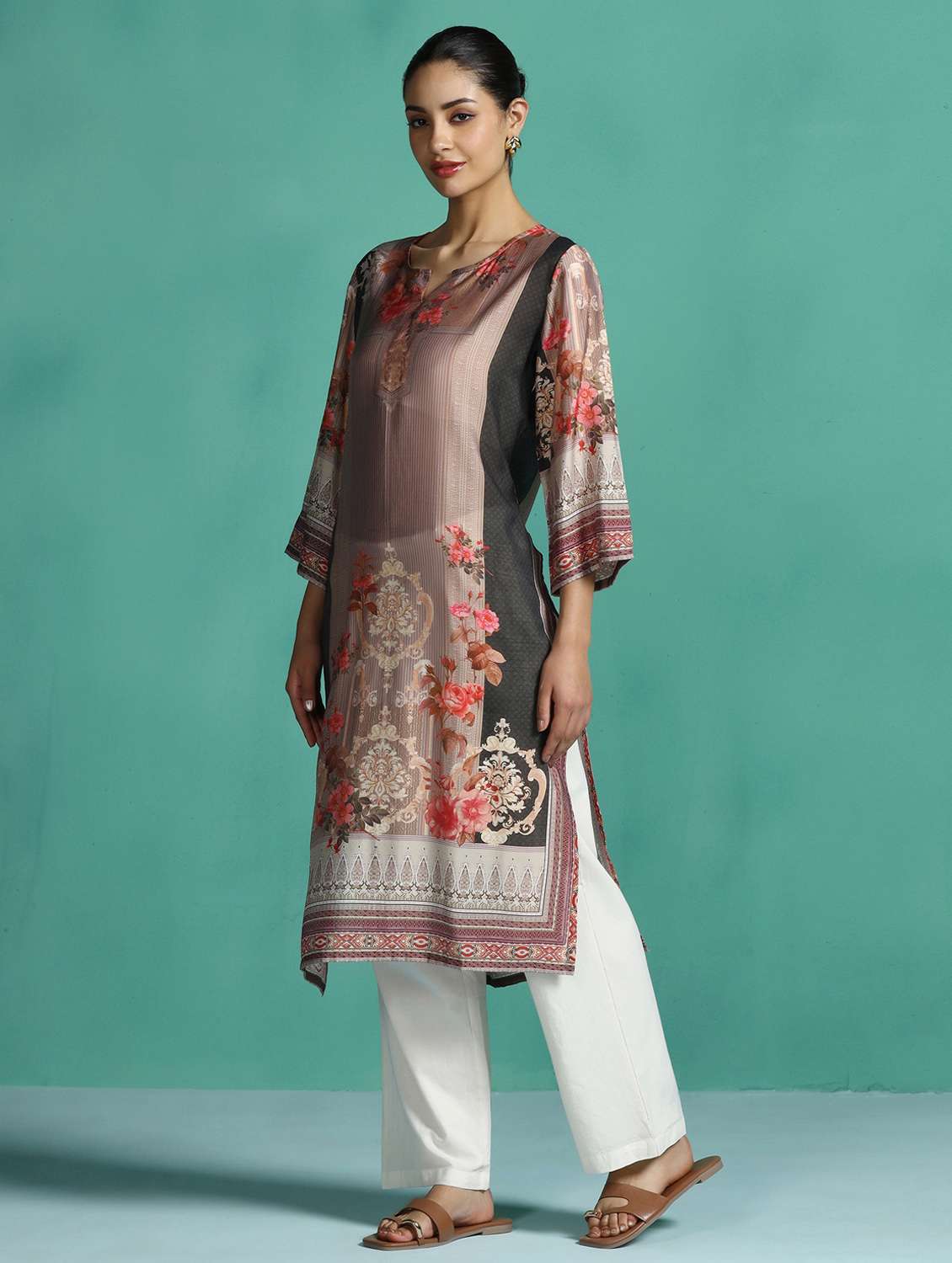 women printed three quarter sleeve straight kurta - 22502069 -  Standard Image - 3