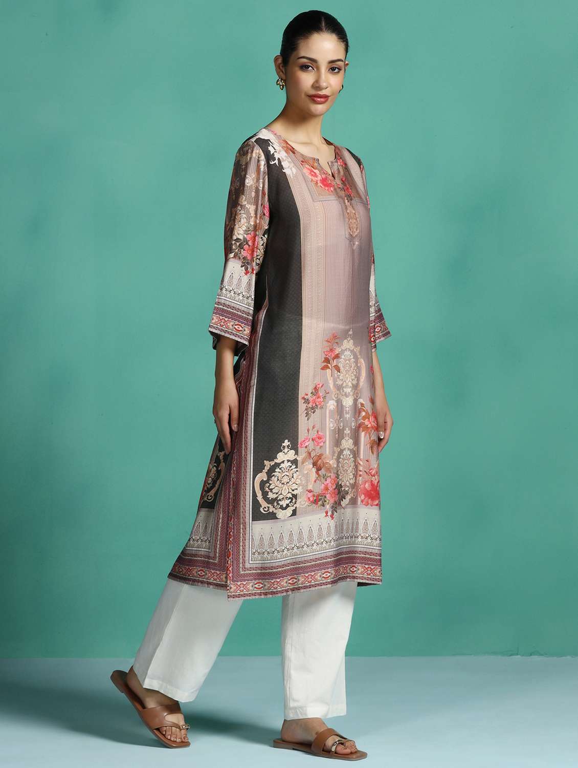 women printed three quarter sleeve straight kurta - 22502069 -  Standard Image - 5