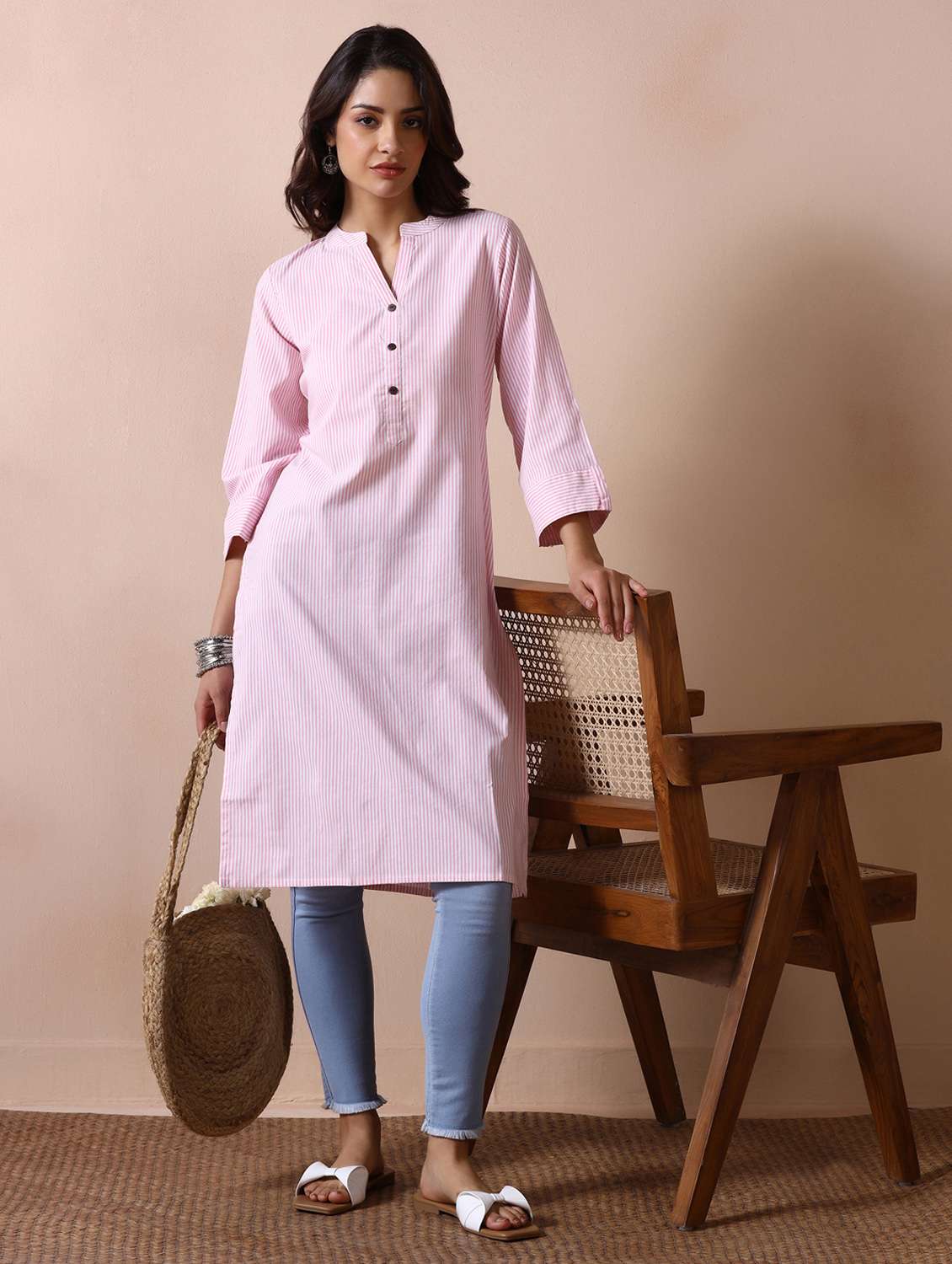 women striped three quarter sleeve straight kurta