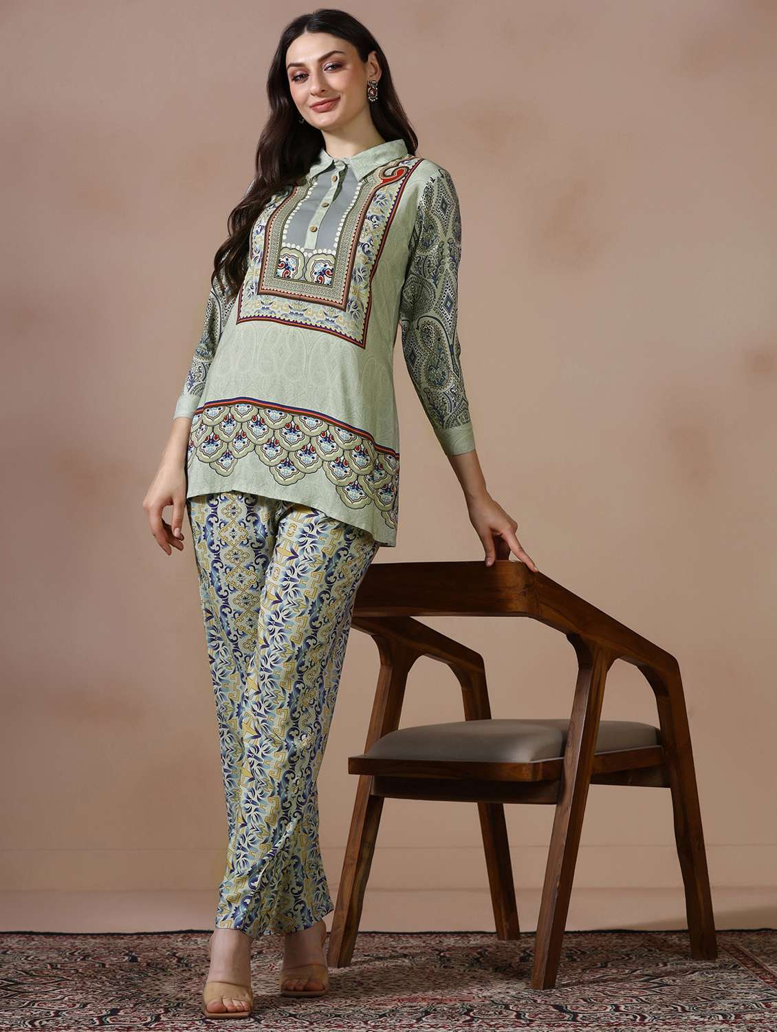 women printed three quarter sleeve ethnic co-ord set