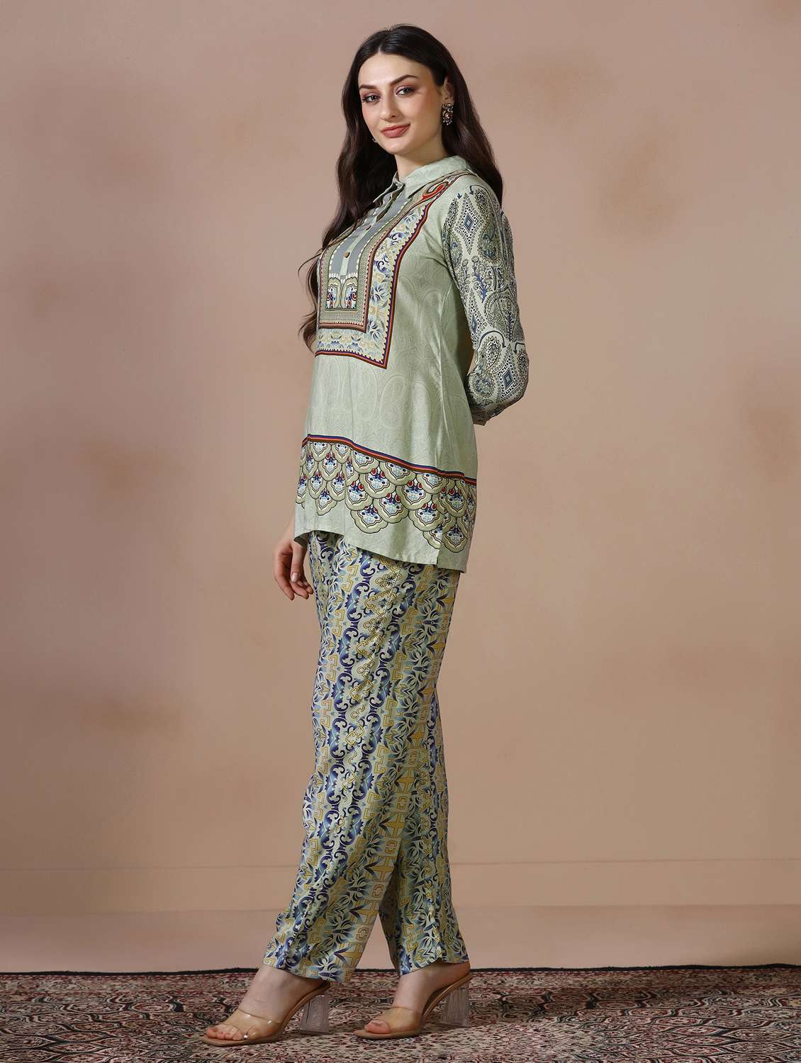 women printed three quarter sleeve ethnic co-ord set - 22502084 -  Standard Image - 3
