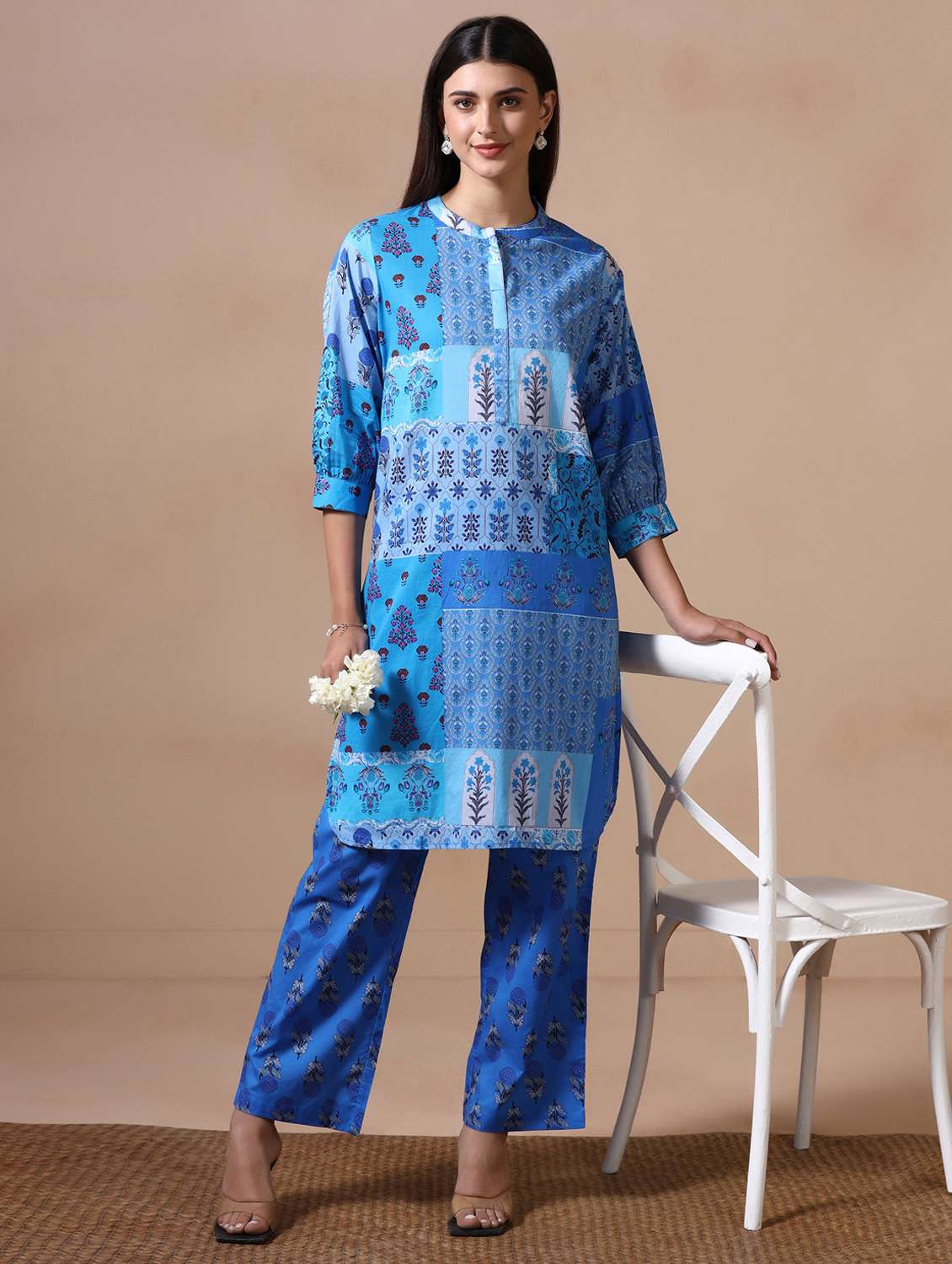 women printed three quarter sleeve kurta pant set