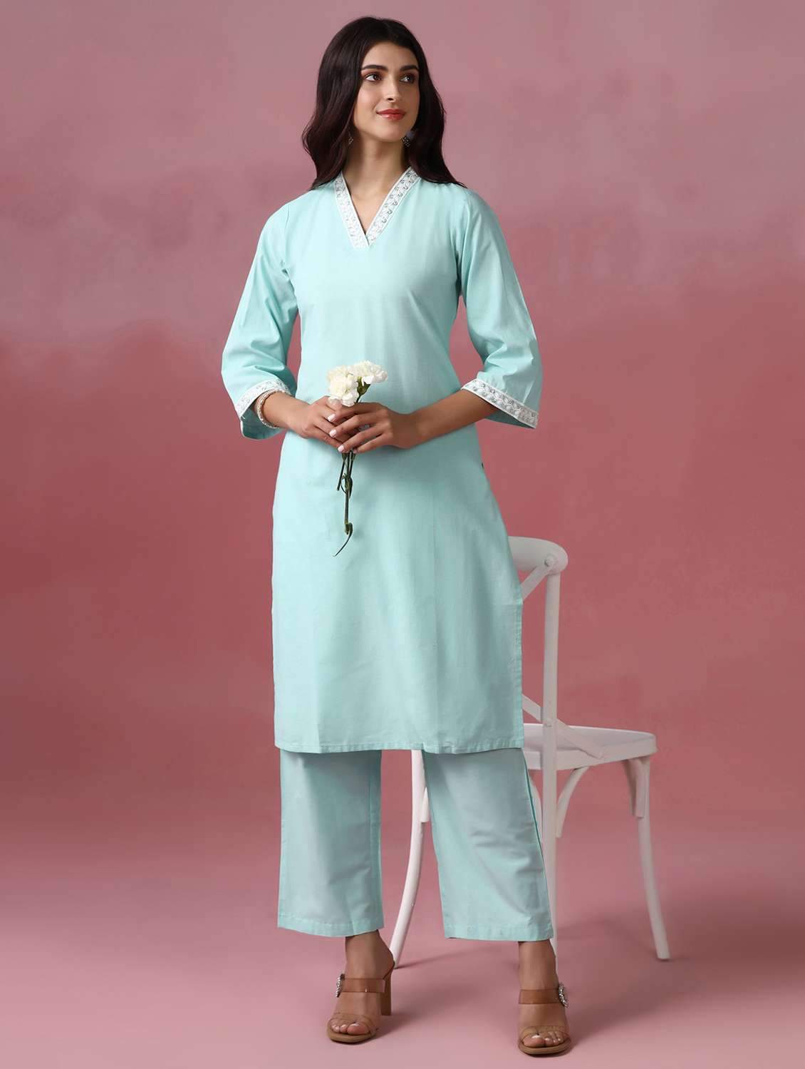 women solid three quarter sleeve kurta pant set