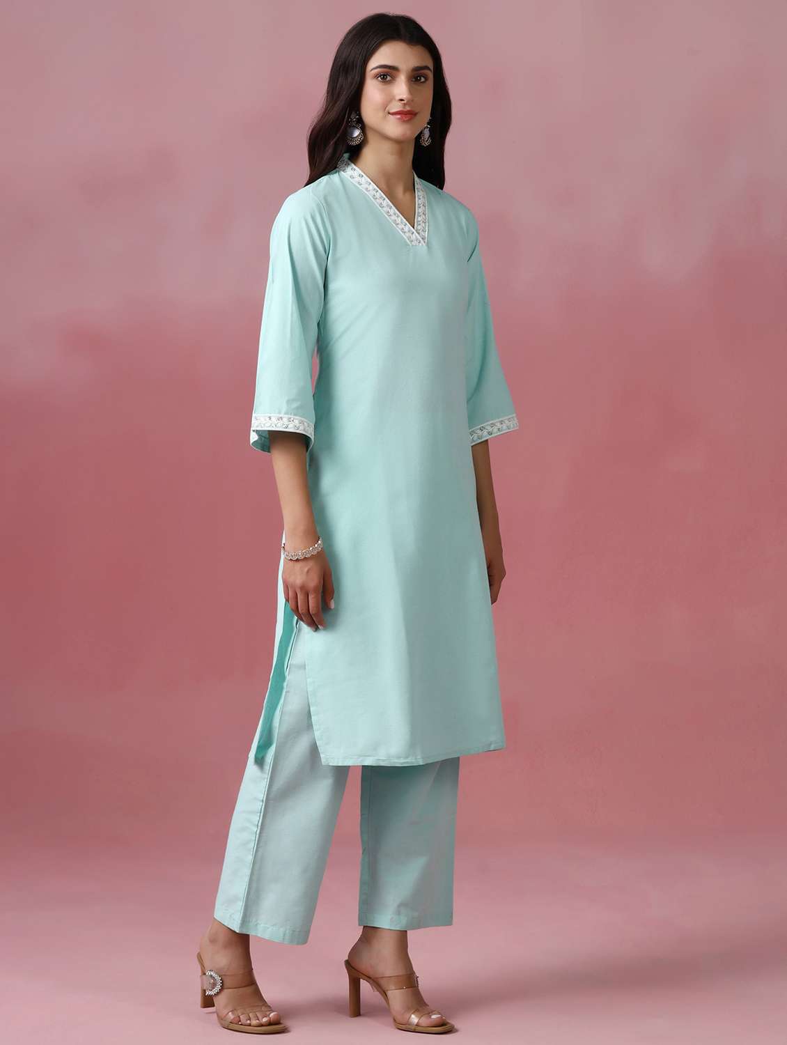 women solid three quarter sleeve kurta pant set - 22502090 -  Standard Image - 3