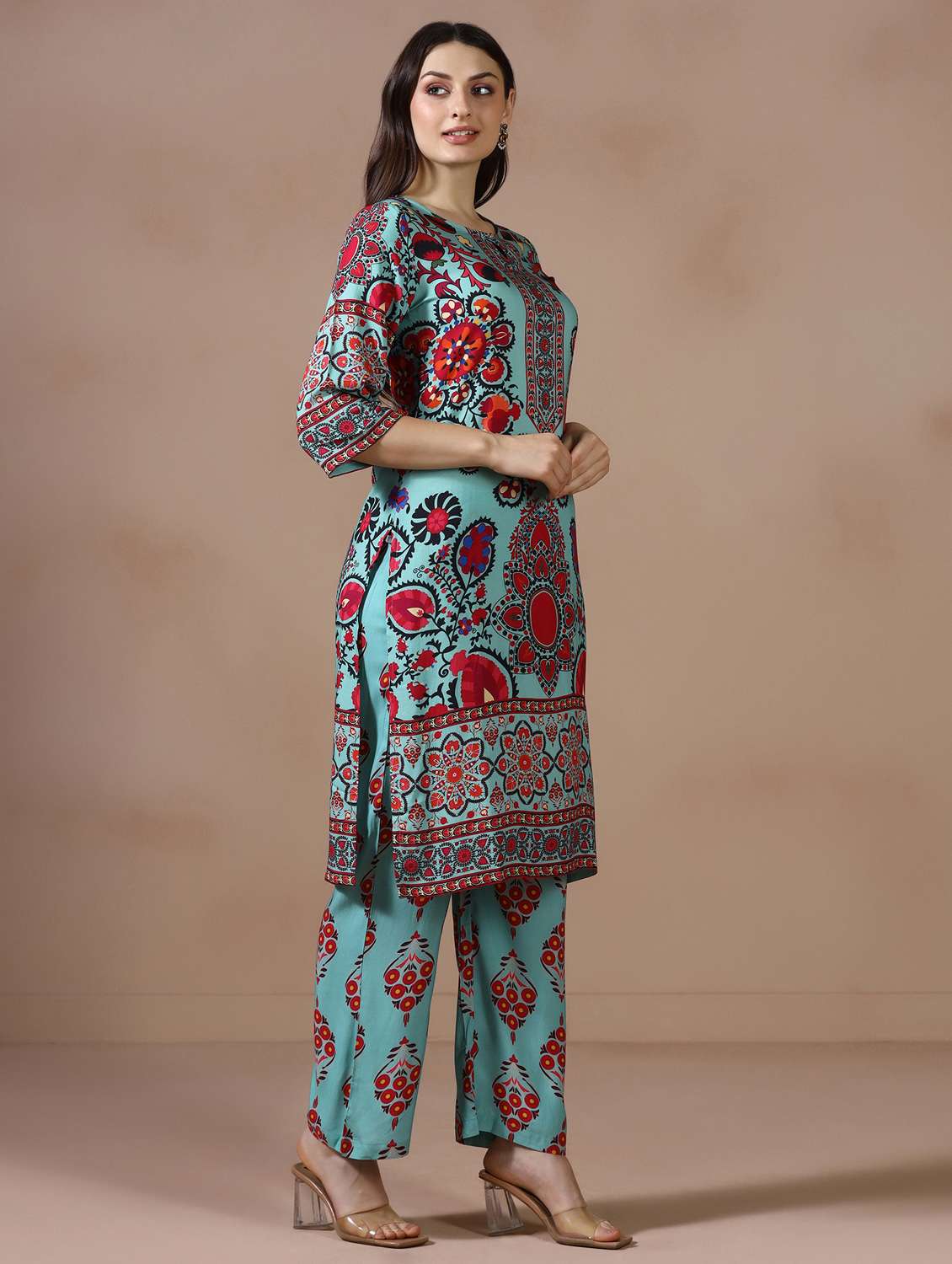 women printed three quarter sleeve kurta pant set - 22502095 -  Standard Image - 3