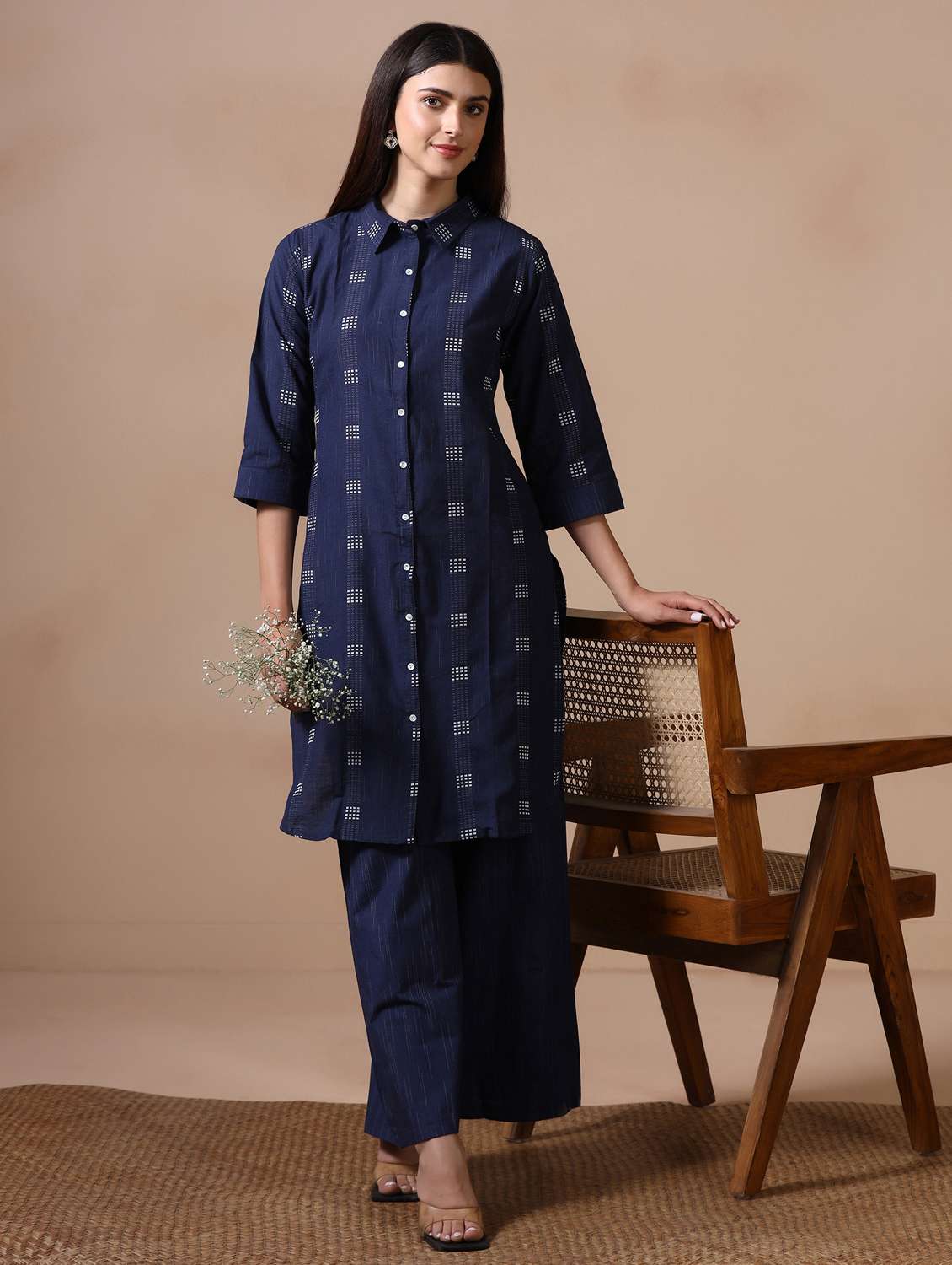 women self design three quarter sleeve kurta palazzo set