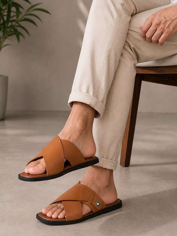 men tan slip on sandal